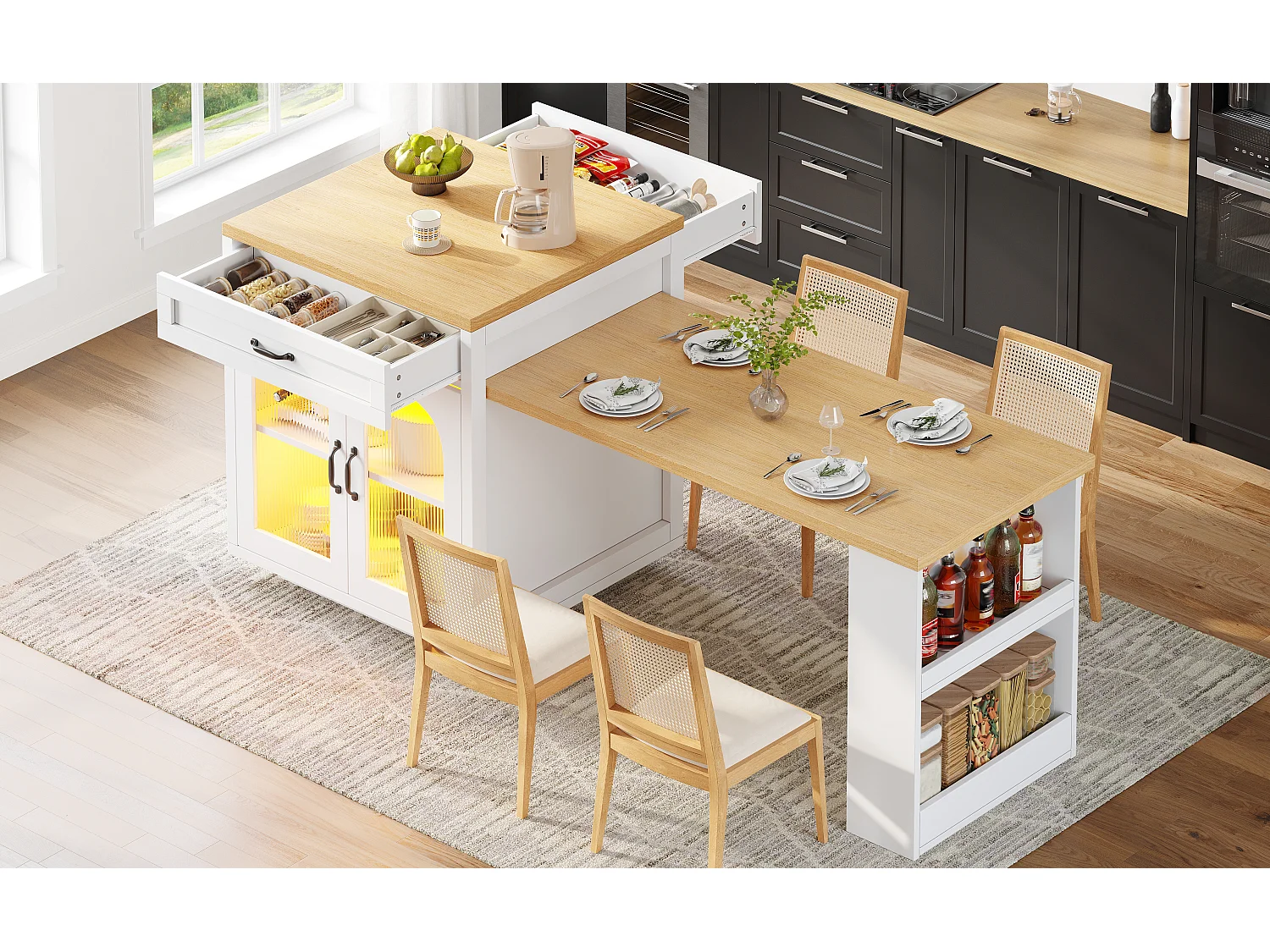 Îlot de Cuisine avec Table Extensible 126-196cm, Buffet avec LED RGB, 2 Tiroirs, Étagère Réglable et Portes en Verre - Blanc