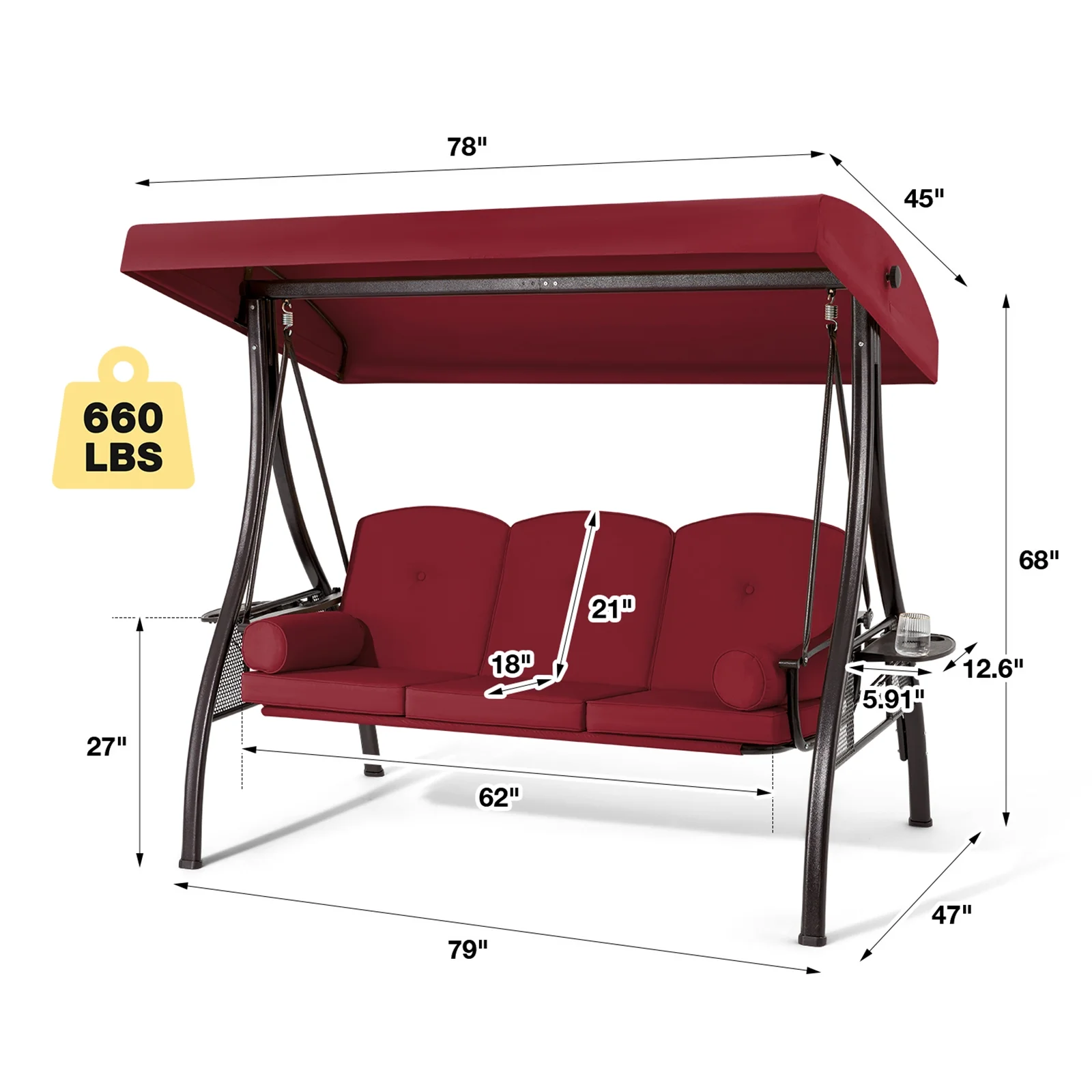 Homrest 3 Person Patio Outdoor Porch Swing with Adjustable Canopy, Backrest, Swing Bed with Stand for Garden,Deck - Image 10