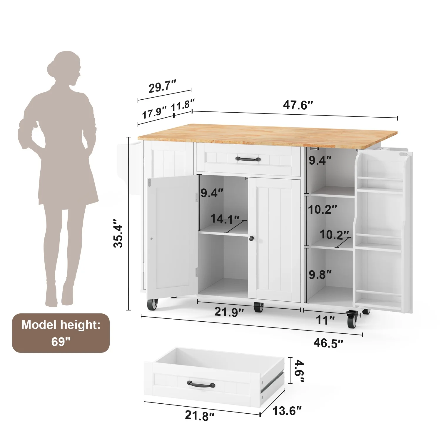 Noelse Kitchen Island with Storage, Island Table for Kitchen with Drop Leaf, Spice Rack, Towel Bar for Small Kitchens, White - Image 16