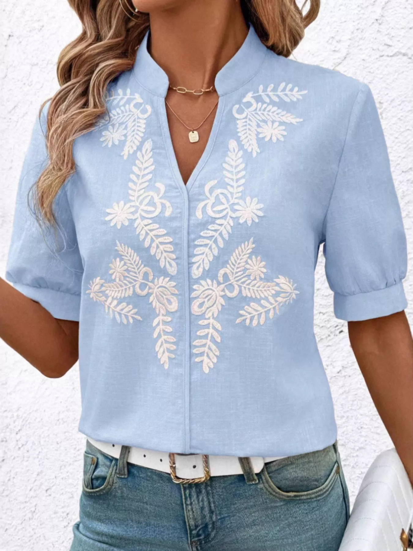 Embroidered Notched Short Sleeve Blouse - ZKZOOK