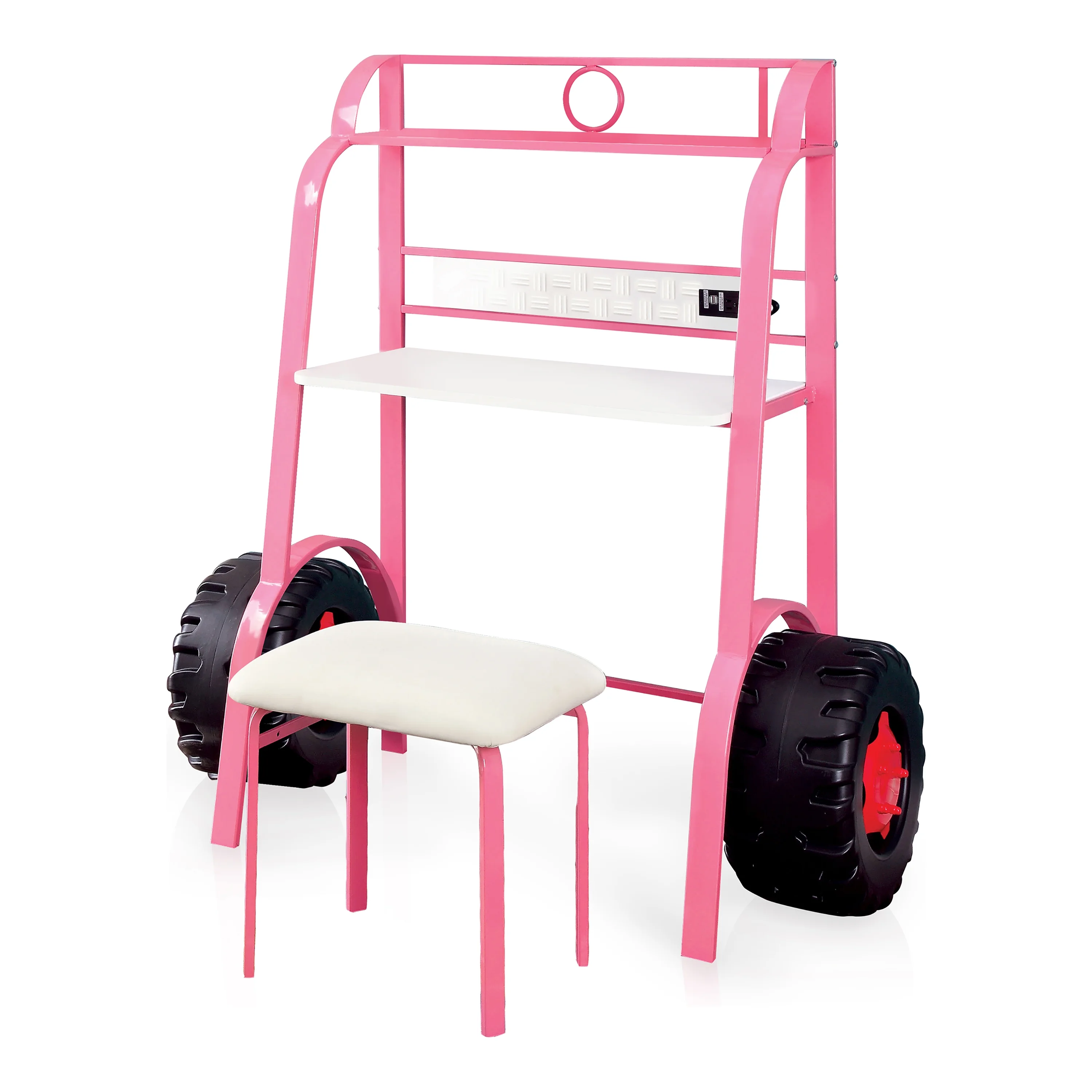 Furniture of America Daiton Novelty Metal Pink Race Car Kids Desk and Stool Set