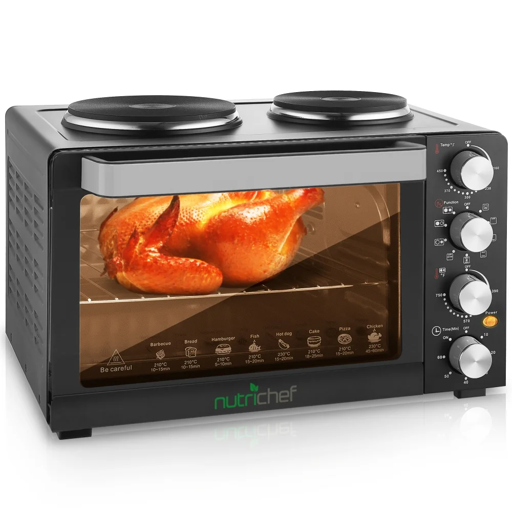 NutriChef 30 Quart Kitchen Convection Oven & 2 Burner Cooker - 1500 Watt Oven - 7 Cook Functions Rotisserie, Cook, Bake, Broil & More - Includes Baking Tray, Skewers & Handles - 19.6 x 16.0 x 13.5 IN - Image 2