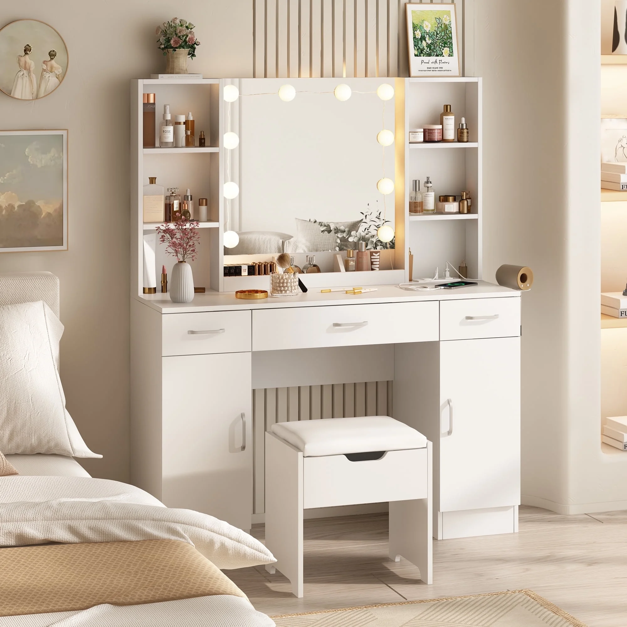 VEANERWOOD Large Makeup Vanity Set with Light Modern Makeup Vanity Table with Storage and Adjustable Lighting Colors for Bedroom 45.2in, White - Image 20