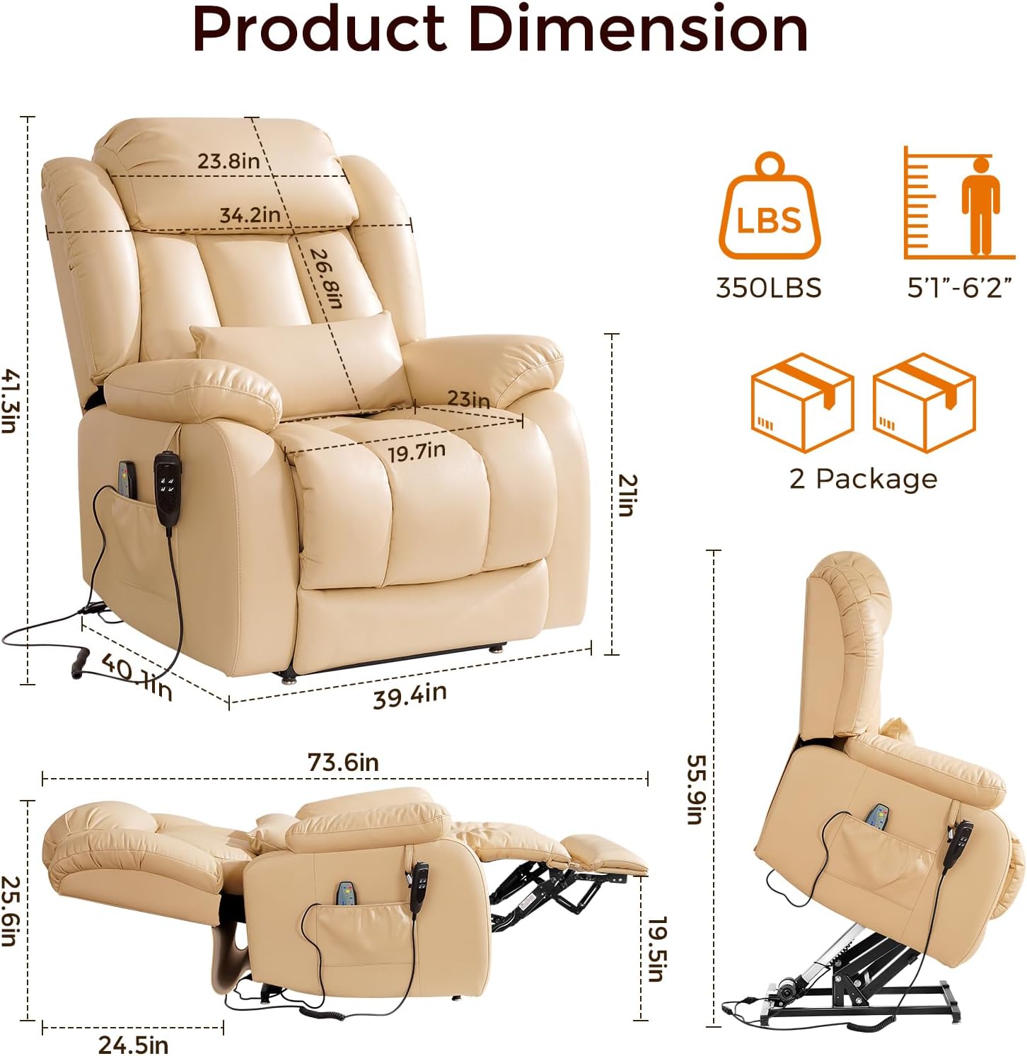 Power Lift Recliner Chair with 8-Point Massage & Heat, Dual Remote, USB/Type-C Ports, Easy-Clean Leather, Width 19.7