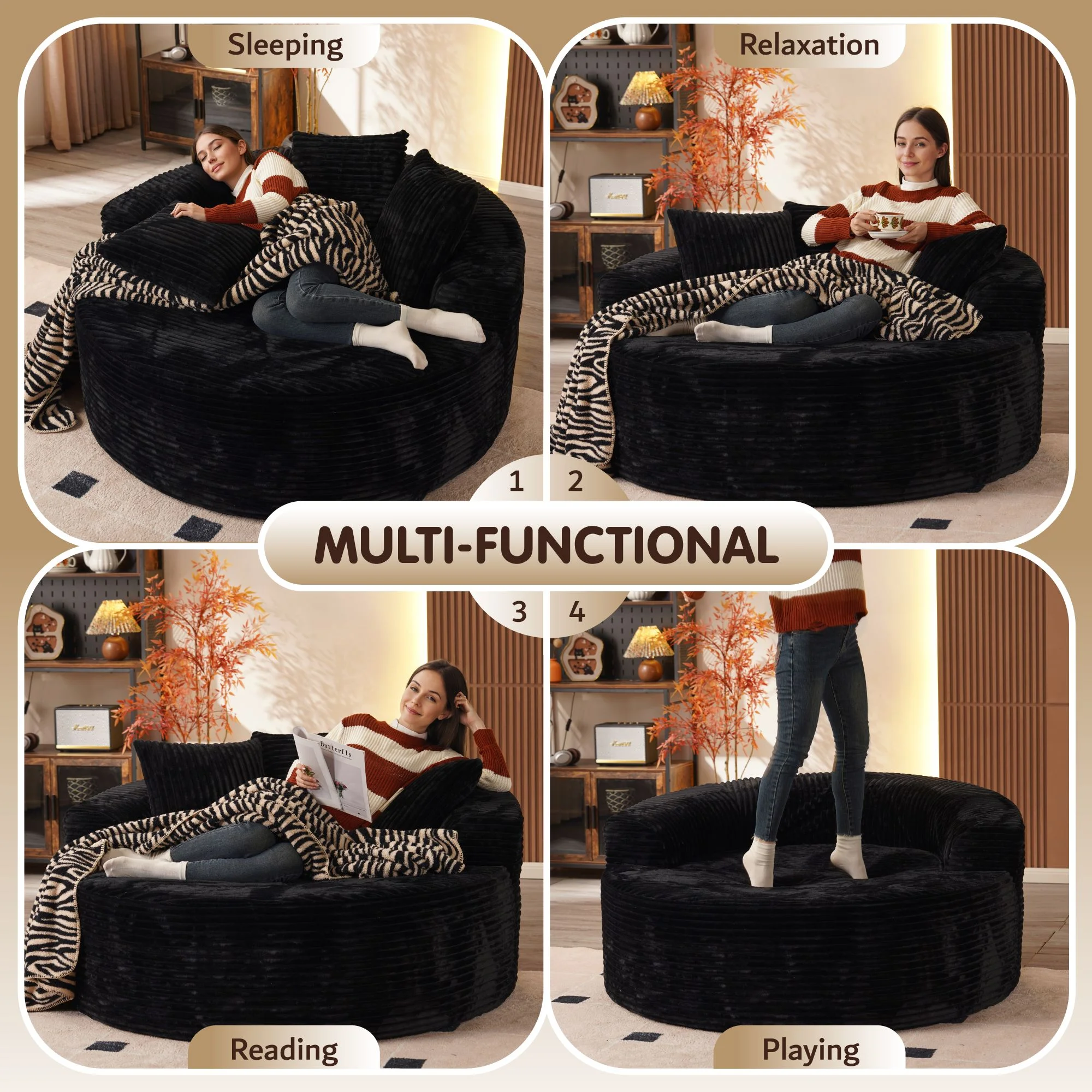Ovios 58'' Oversized Chaise Lounge Indoor Chair Modern Cloud Floor Sofa Bed Comfy Upholstered Sleeper Couch Deep Seat Accent Reading Chair for Living Room, Bedroom, No Assembly, Black(Plush Corduroy) - Image 4