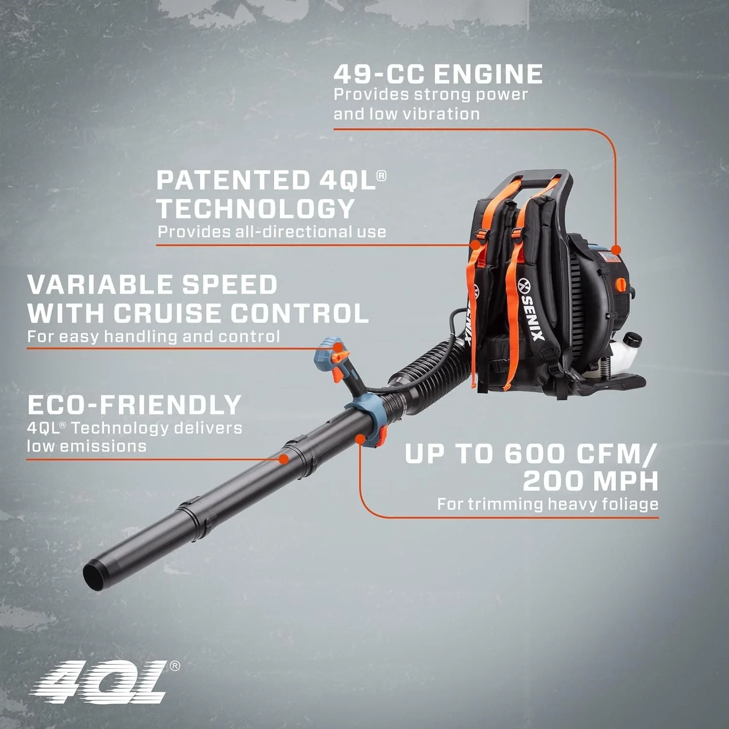 SENIX 4QL 26.5cc 4-Cycle Gas Powered Leaf Blower, 410 CFM/125 MPH, Dual-Grip Handle, Lightweight, BL4QL-L - Image 18
