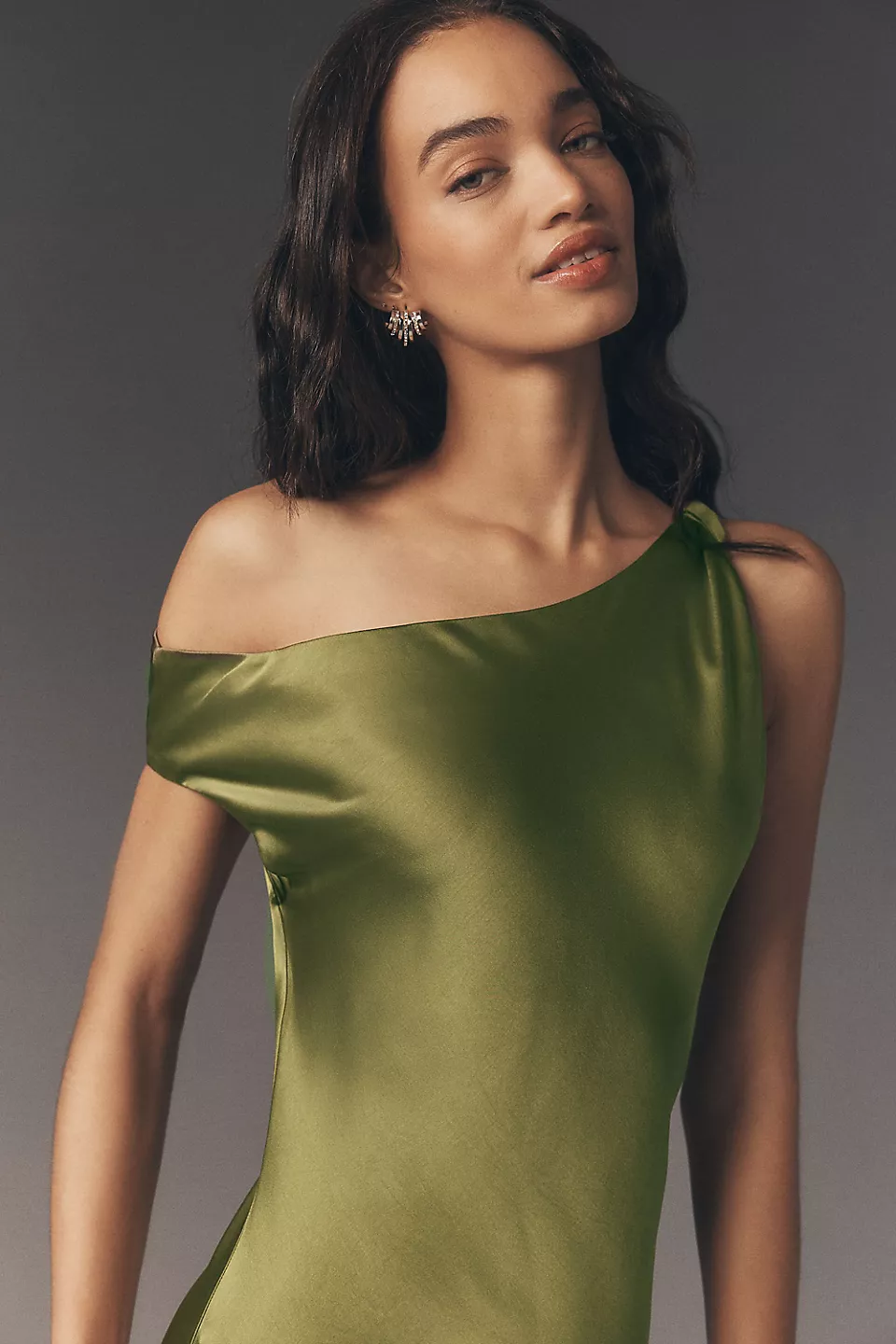 Off-The-Shoulder High-Shine Satin Maxi Dress - Olive