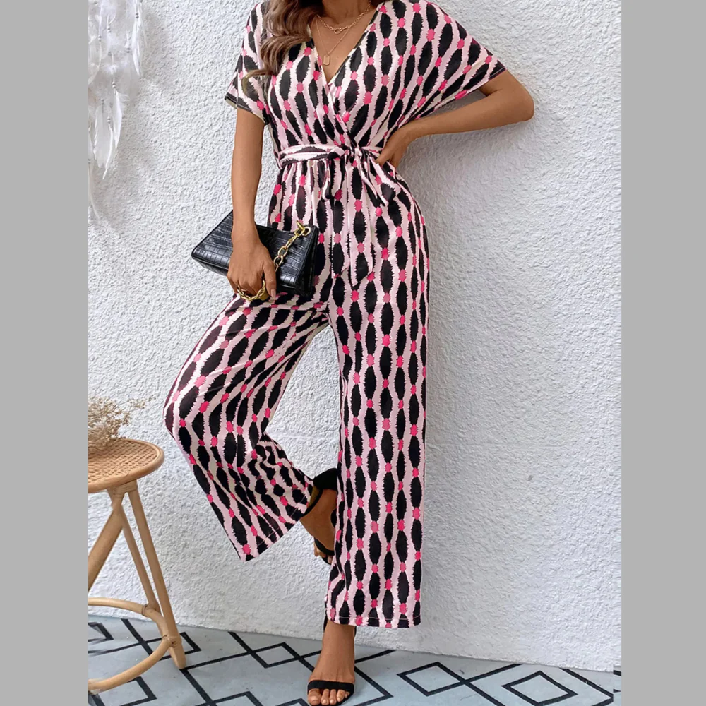 Printed Surplice Tie Waist Short Sleeve Jumpsuit - ZKZOOK