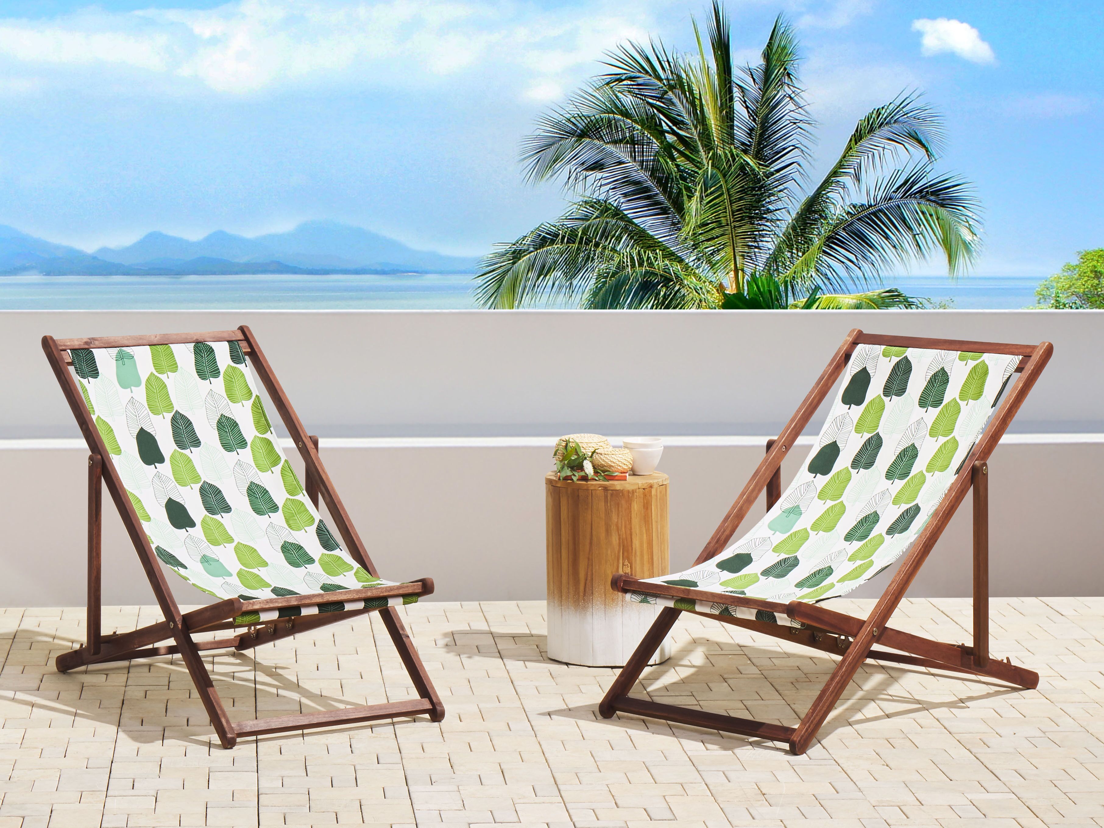 Set of 2 Folding Deck Chairs ANZIO with Replacement Fabrics Floral Motif Acacia Wood Dark Brown