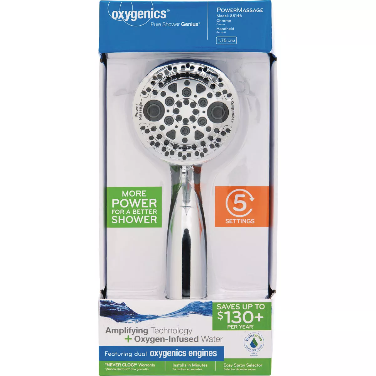 Oxygenics PowerMassage 5-Spray 1.75 GPM Handheld Showerhead, Chrome