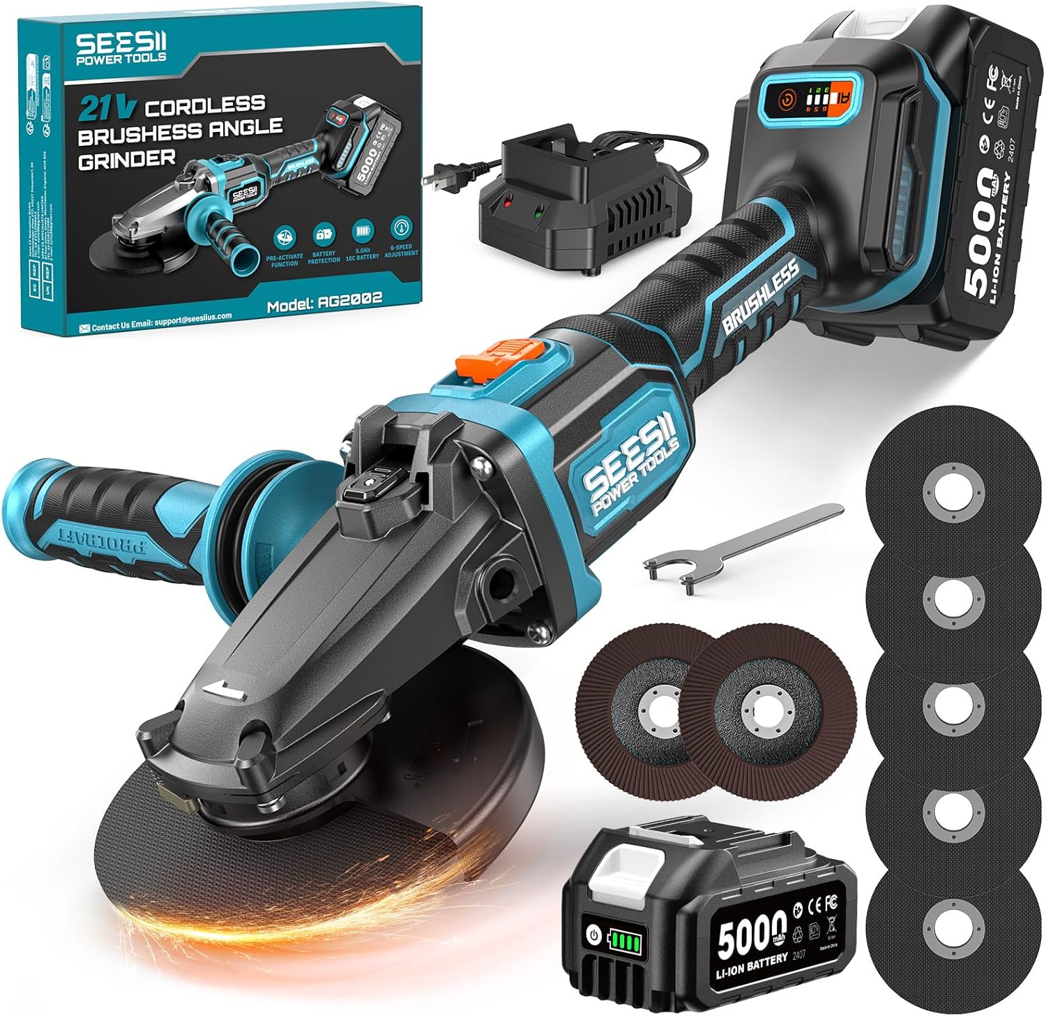 SEESII Flathead Brushless Angle Grinder, 21V Cordless Variable Speed Grinder Kit 5.0Ah Battery+Charger, 4-1/2 to 5