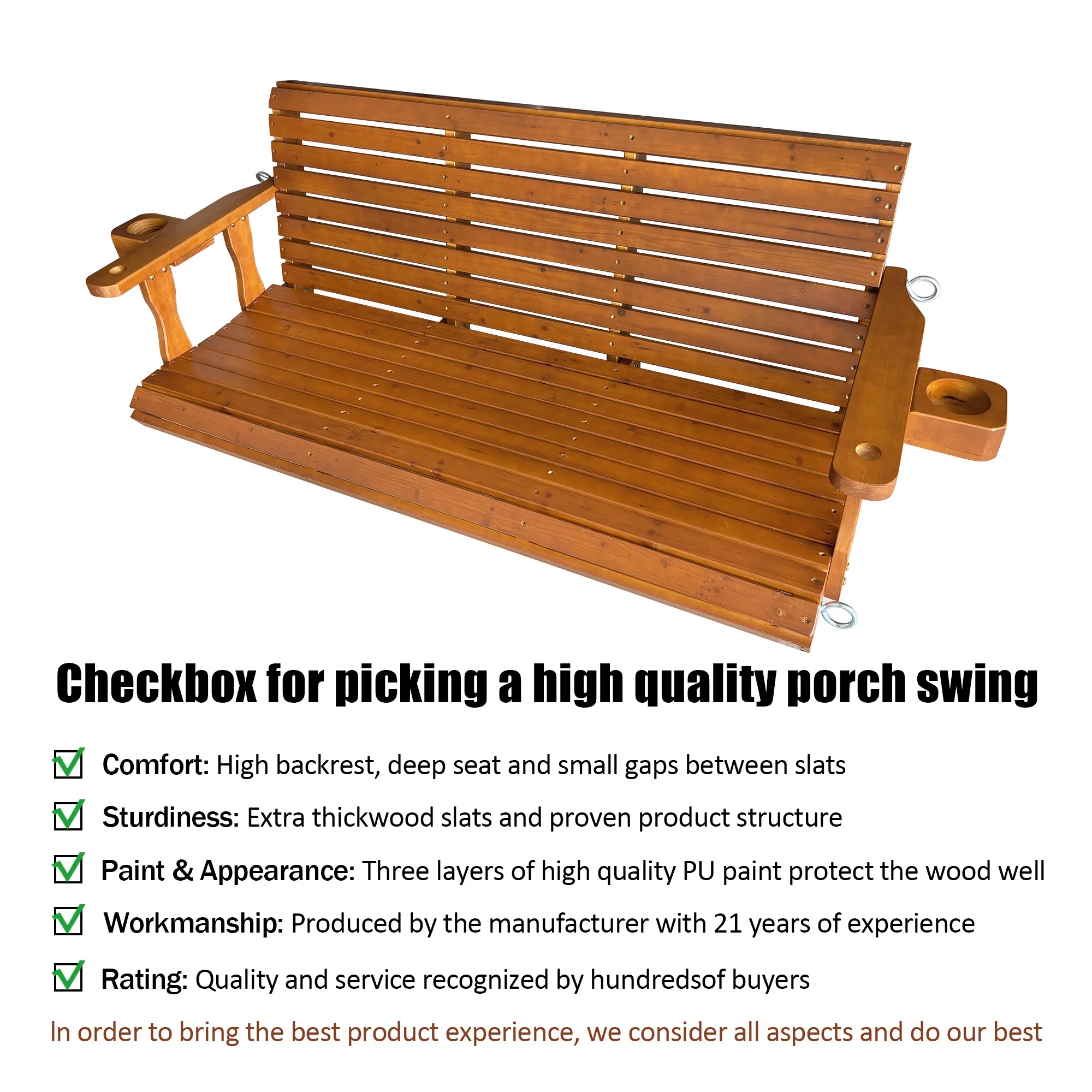 Fortune Candy 3 Person Outdoor Wood Hanging Swing, Heavy Duty 880 lbs Wood Porch Swing, Brown-5ft - Image 4