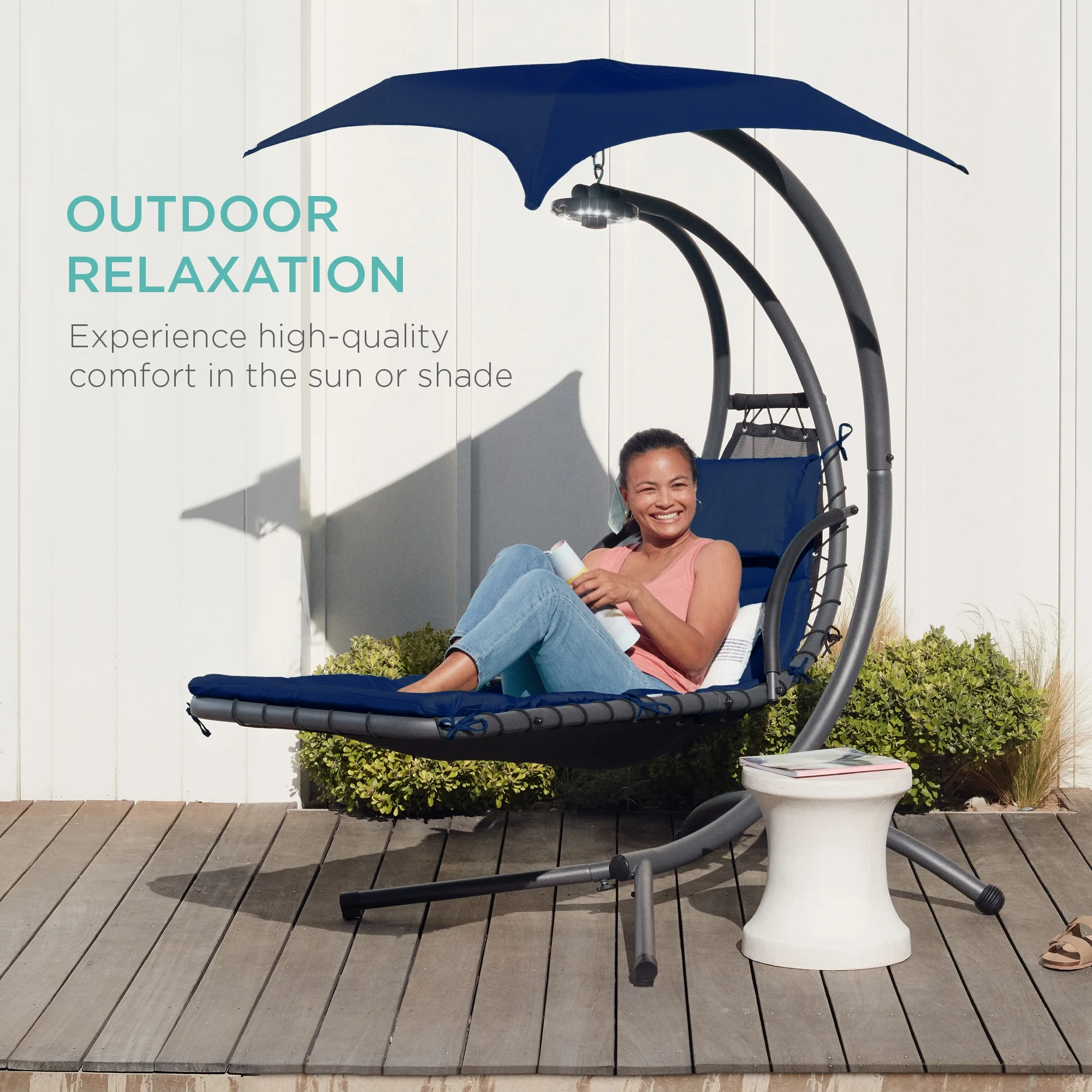 Best Choice Products Hanging Curved Chaise Lounge Chair Swing for Backyard, Patio w/ Pillow, Shade, Stand - Teal - Image 104
