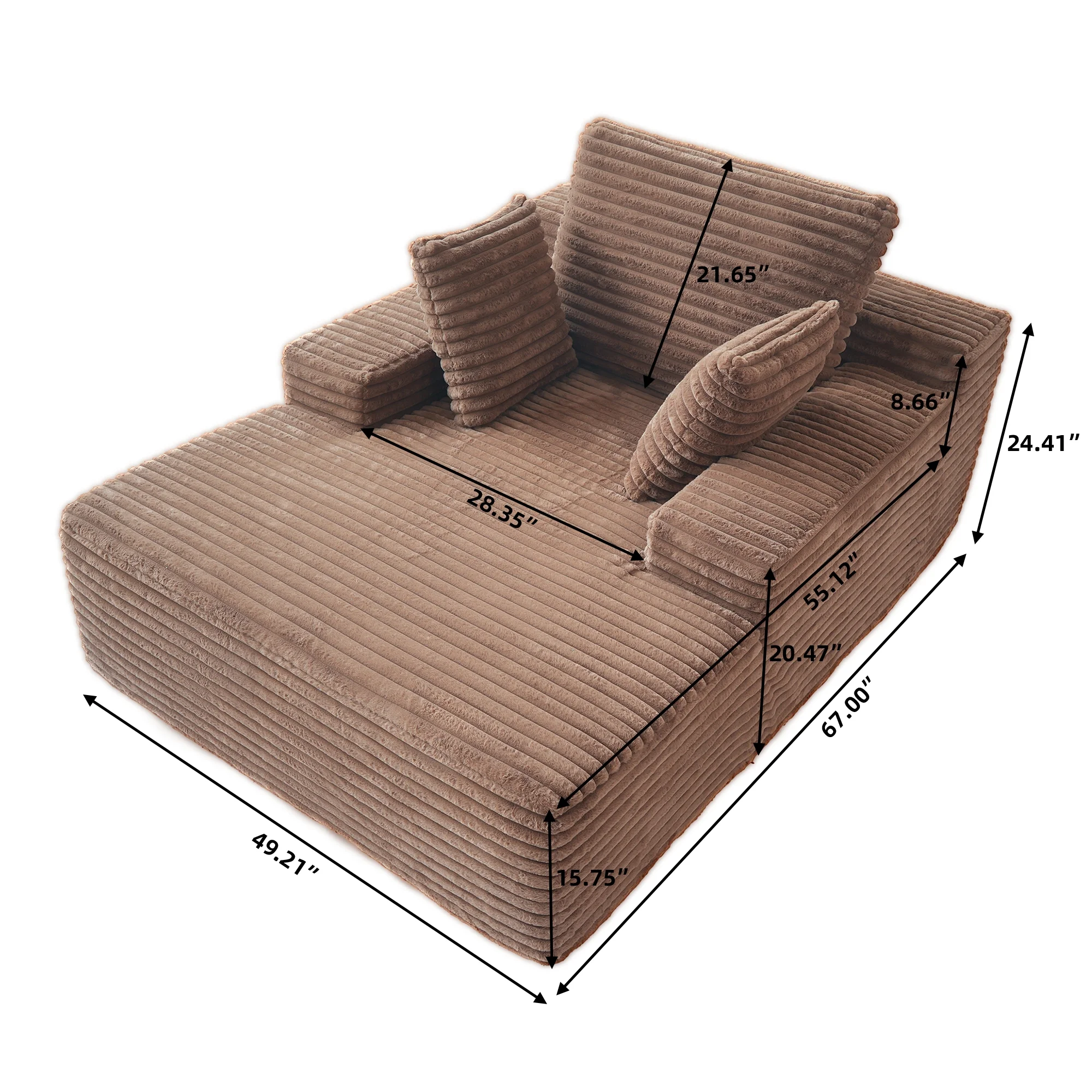 Sodrens Oversized Chaise Lounge Chair Indoor,Upholstered Sofa Bed with Throw Pillows and Armrests,Sleeper Chair for Living Room,Bedroom,Brown,Corduroy - Image 8