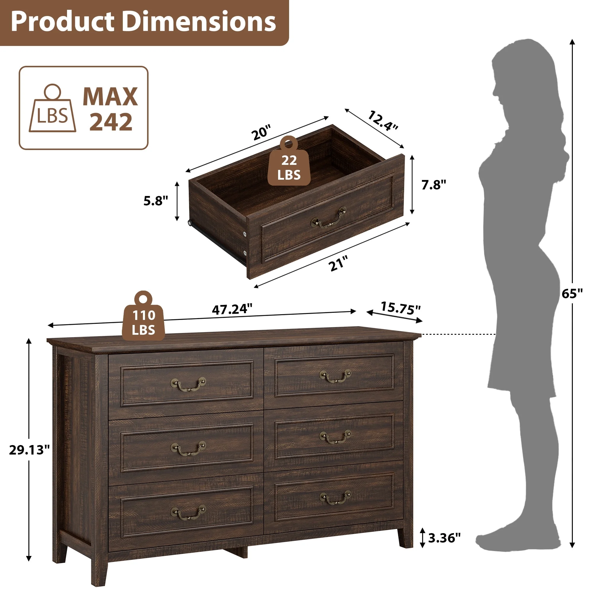 GIKPAL White Dresser for Bedroom, 6 Drawers Wood Dresser with Antique Handles, Farmhouse Rustic Chest of Drawers for Bedroom, Living Room, Entryway & Hallway - Image 20