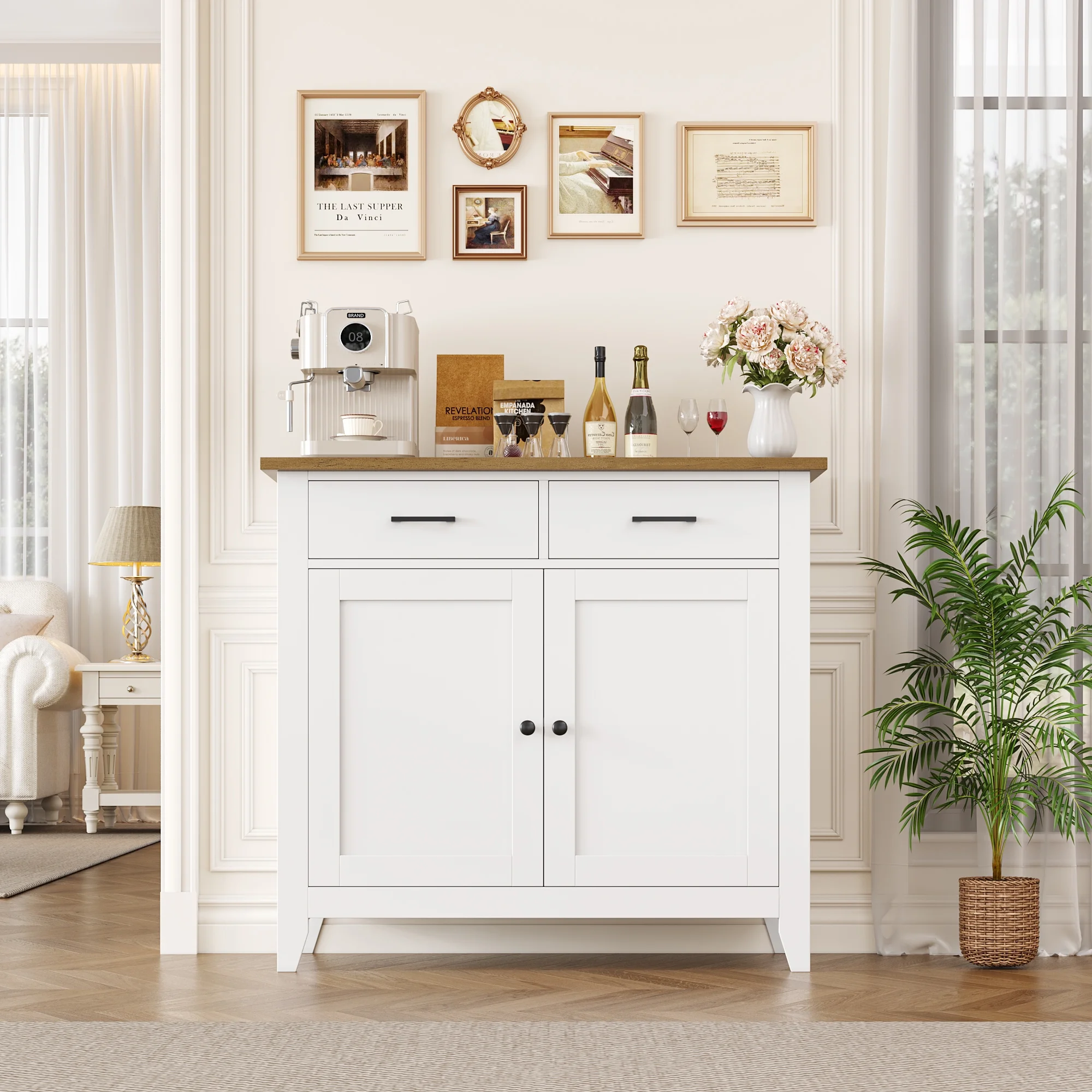 Homfa Entryway Cabinet, Kitchen Storage Cabinet, Farmhouse Buffet Sideboard with 2 Drawers and 2 Doors,Coffee Bar with Storage for Dining Room Living Room,White - Image 8