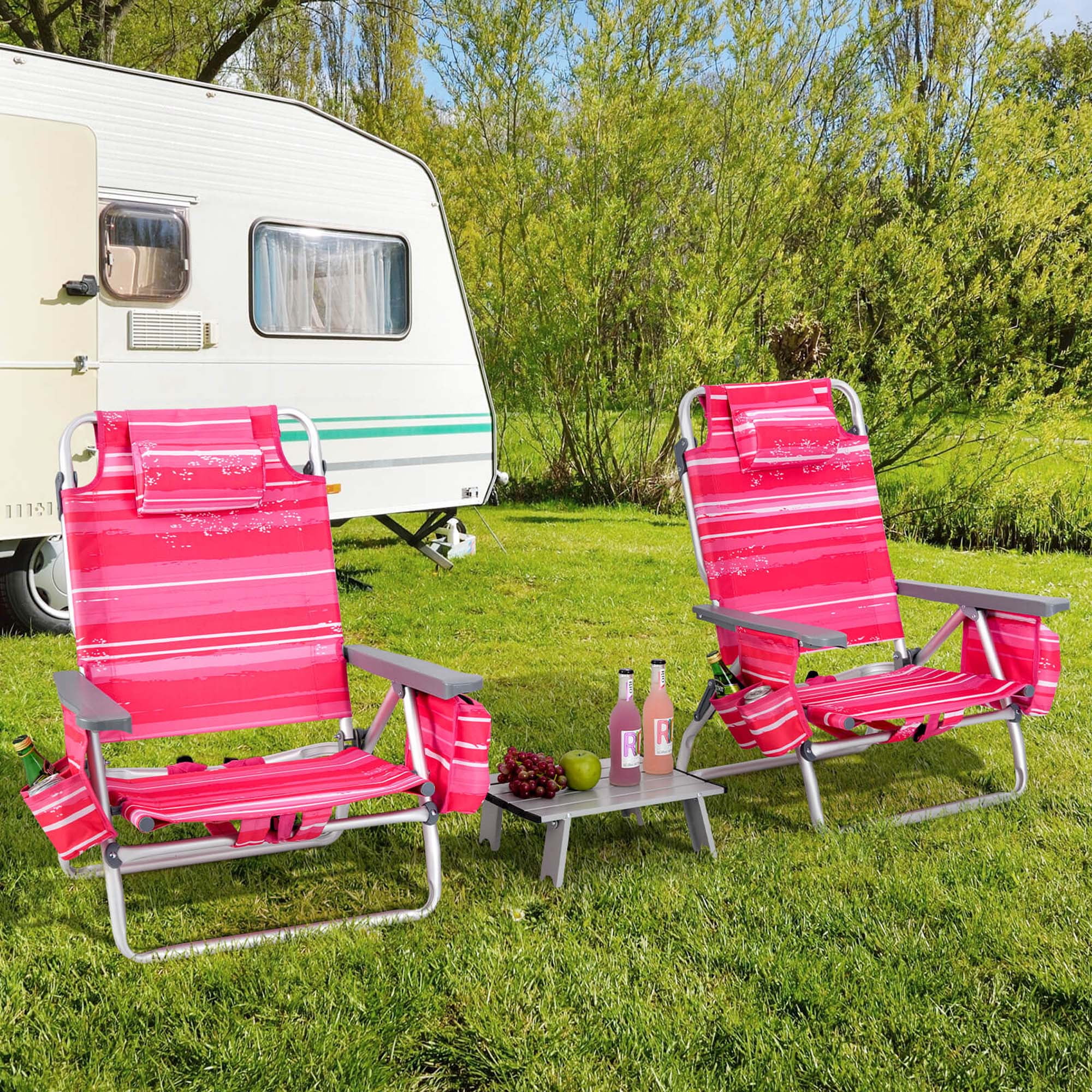 Costway 2-Pack Folding Backpack Beach Chair Table Set 5-Position Outdoor Reclining Chair Pink - Image 60