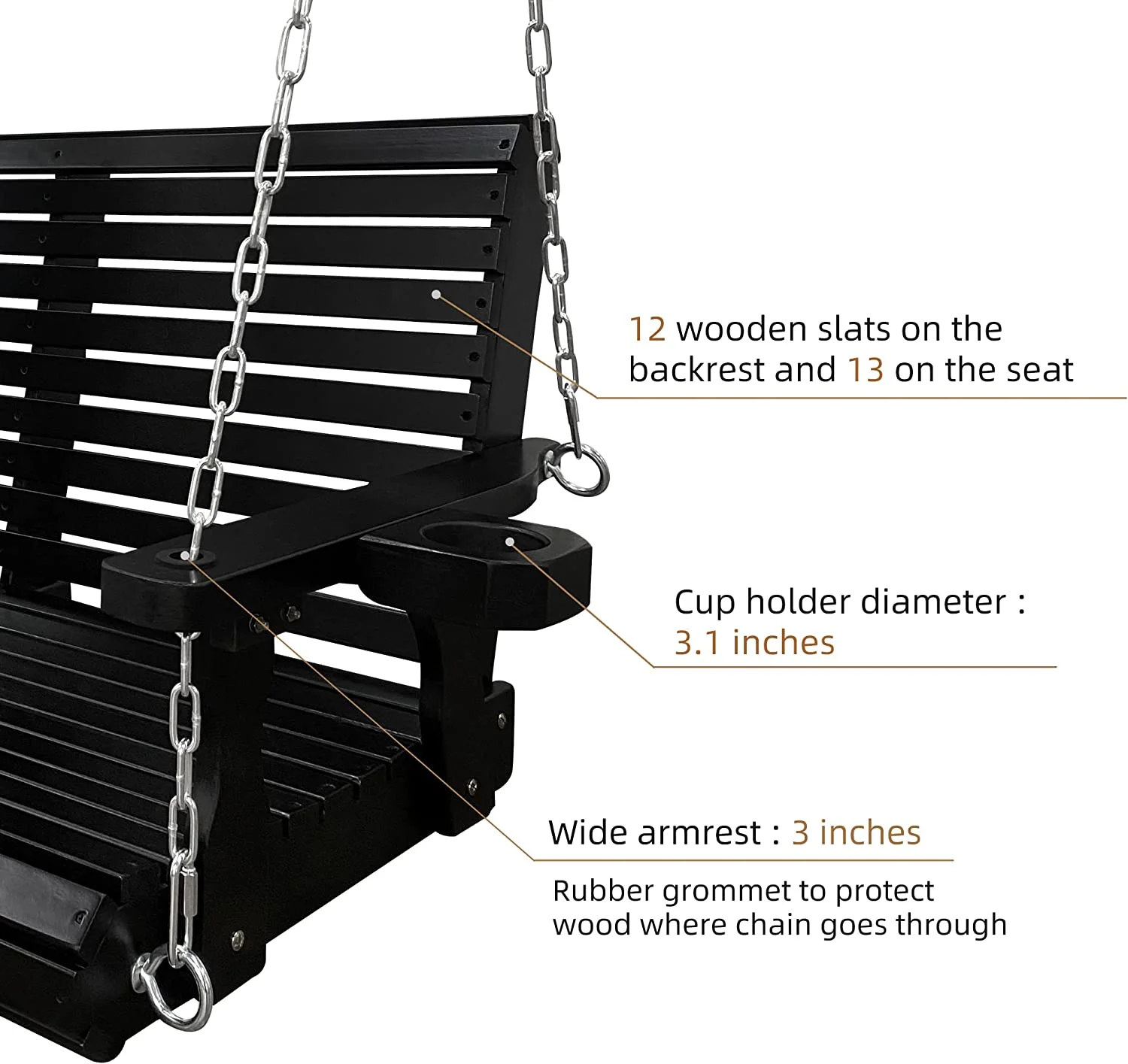 Fortune Candy 3 Person Outdoor Wood Hanging Swing, Heavy Duty 880 lbs Wood Porch Swing, Brown-5ft - Image 35