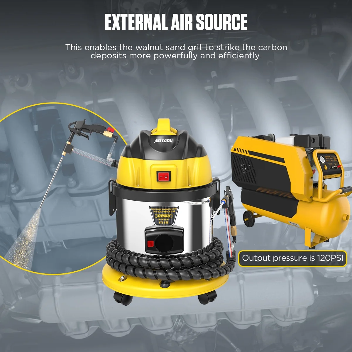 AUTOOL HTS558 Walnut Sand Carbon Deposition Clean Machine Walnut Shell Media Powder Sandblasting Machine Automotive Engine Intake Pipe Valve De-Carbon Cleaning Machine for Rust Grime Paint Removing - Image 10