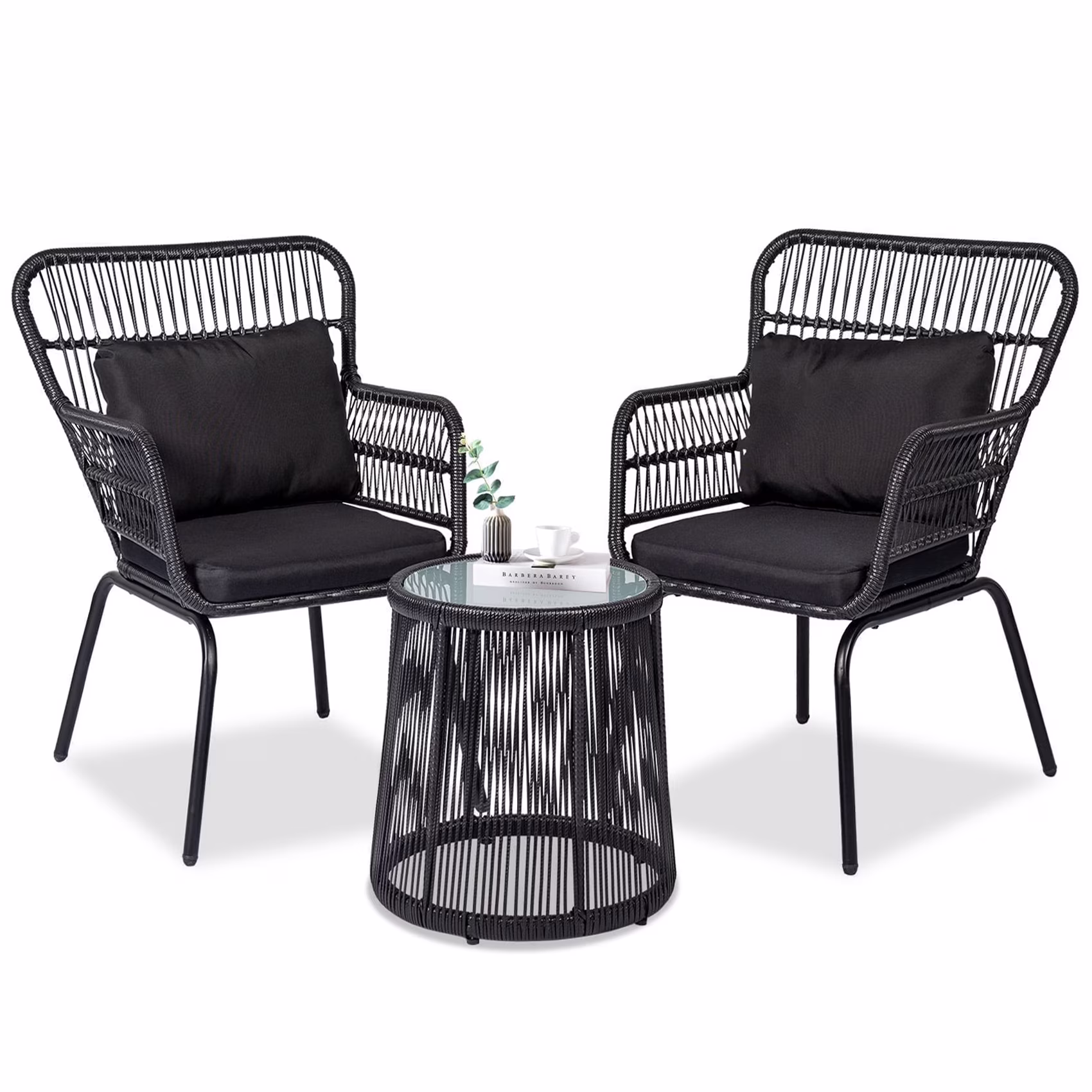 Tappio 3-Piece Patio Conversation Bistro Set Rattan Furniture, Outdoor Patio Set w/Glass Top Table & Cushions for Garden Balcony Backyard Poolside, Yellow/Beige - Image 3
