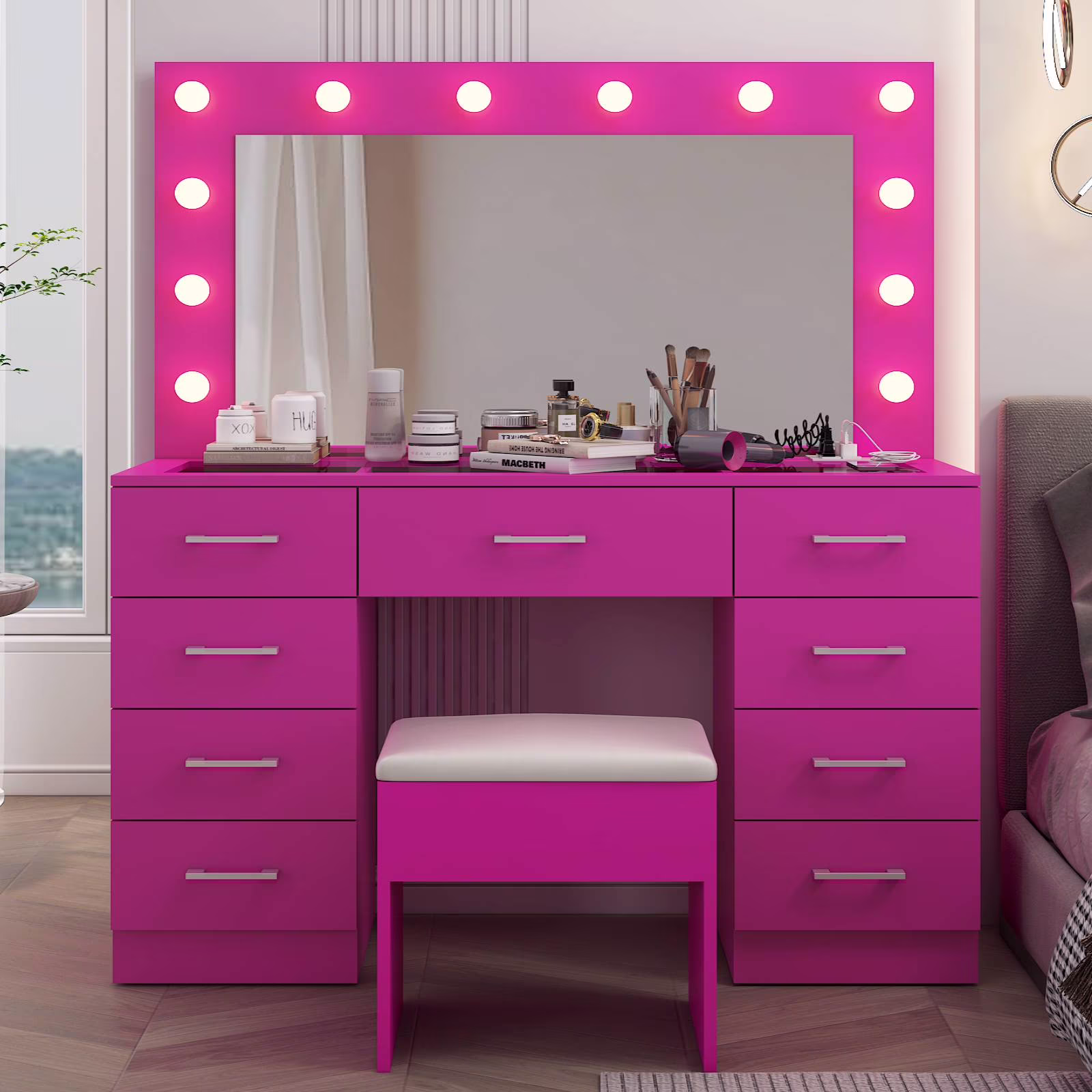 Ktaxon Large Makeup Vanity, Vanity Table Set w/ Visible Glass Top w/ Charging Station, White - Image 3