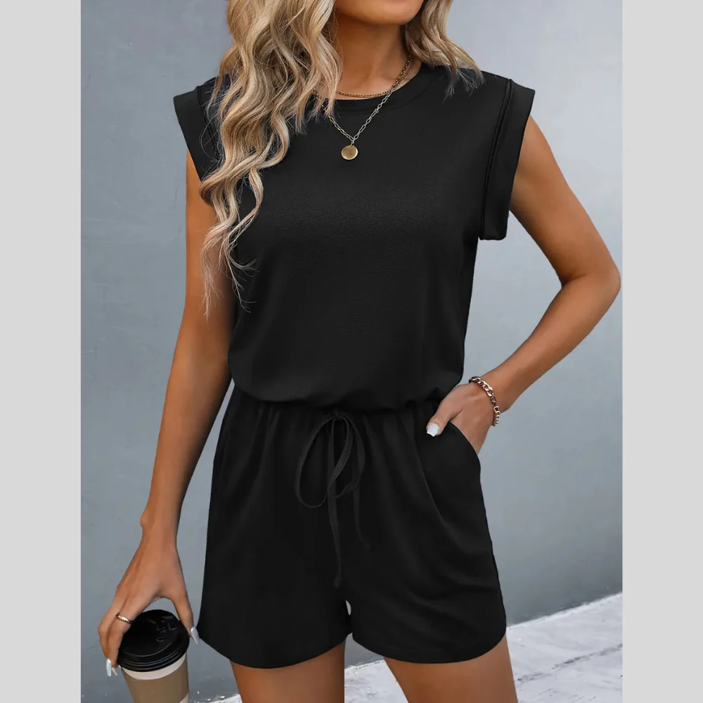 Round Neck Cap Sleeve Romper - ZKZOOK