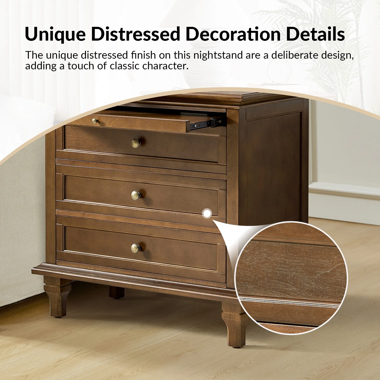 Farmhouse 3 Drawers Nightstand with Tray Bedside Table with Charging Station Acorn - Image 27