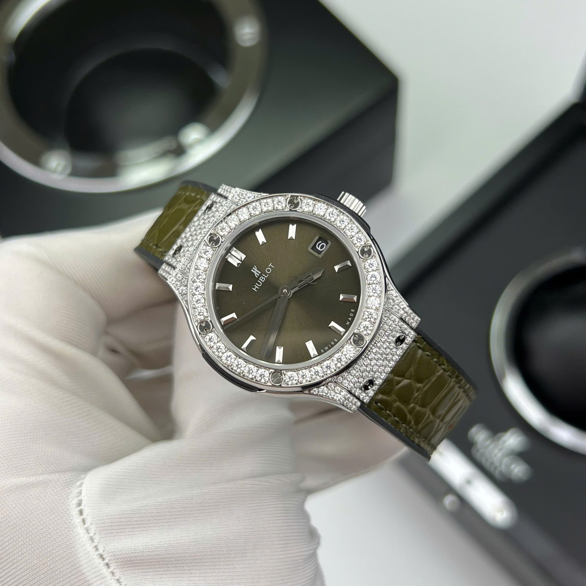 Hublot Classic Fusion Titanium Green Replica Watch Custom Moissanite Diamonds 33mm - Top club