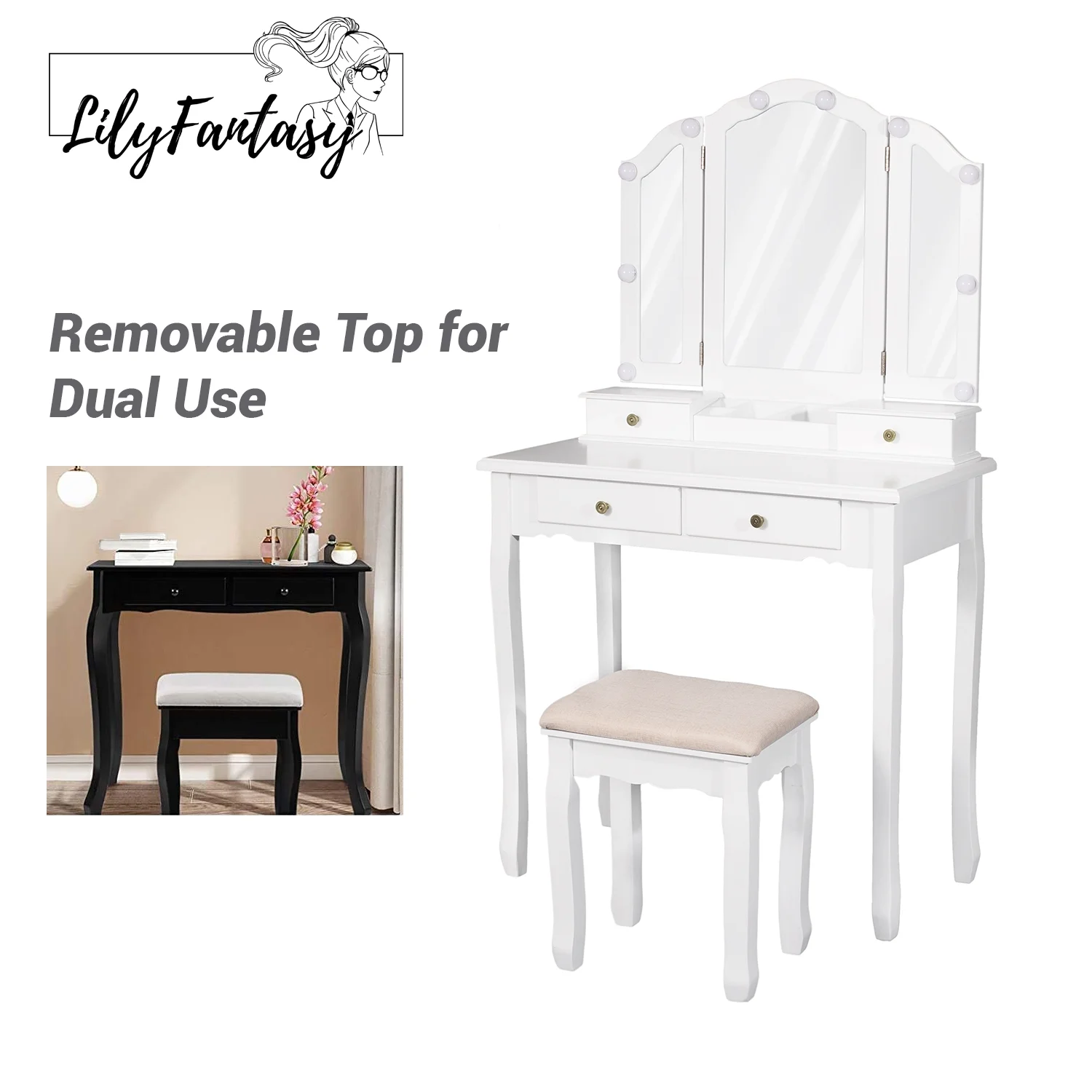 LilyFantasy Vanity Set with Mirror and Lights, Makeup Vanity for Women and Girls, Modern Make up Table and chair for Bedroom, 10 LED Light Bulbs & 3 Color Lighting Modes, White