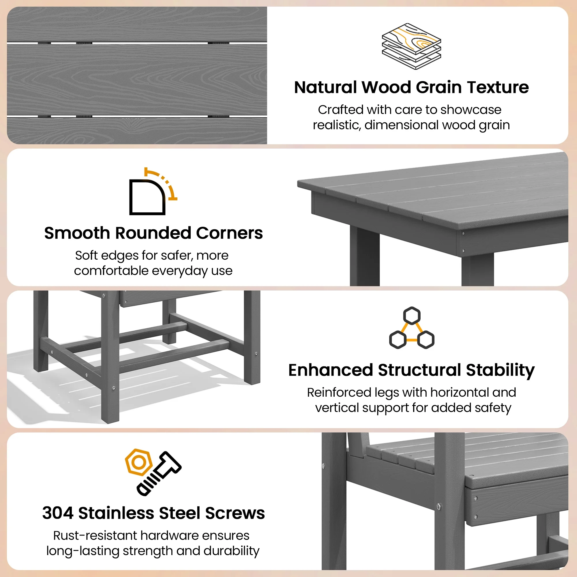 KINGYES 7-Piece Outdoor Dining Set, HDPE Patio Table and Chairs with Umbrella Hole, Gray - Image 10