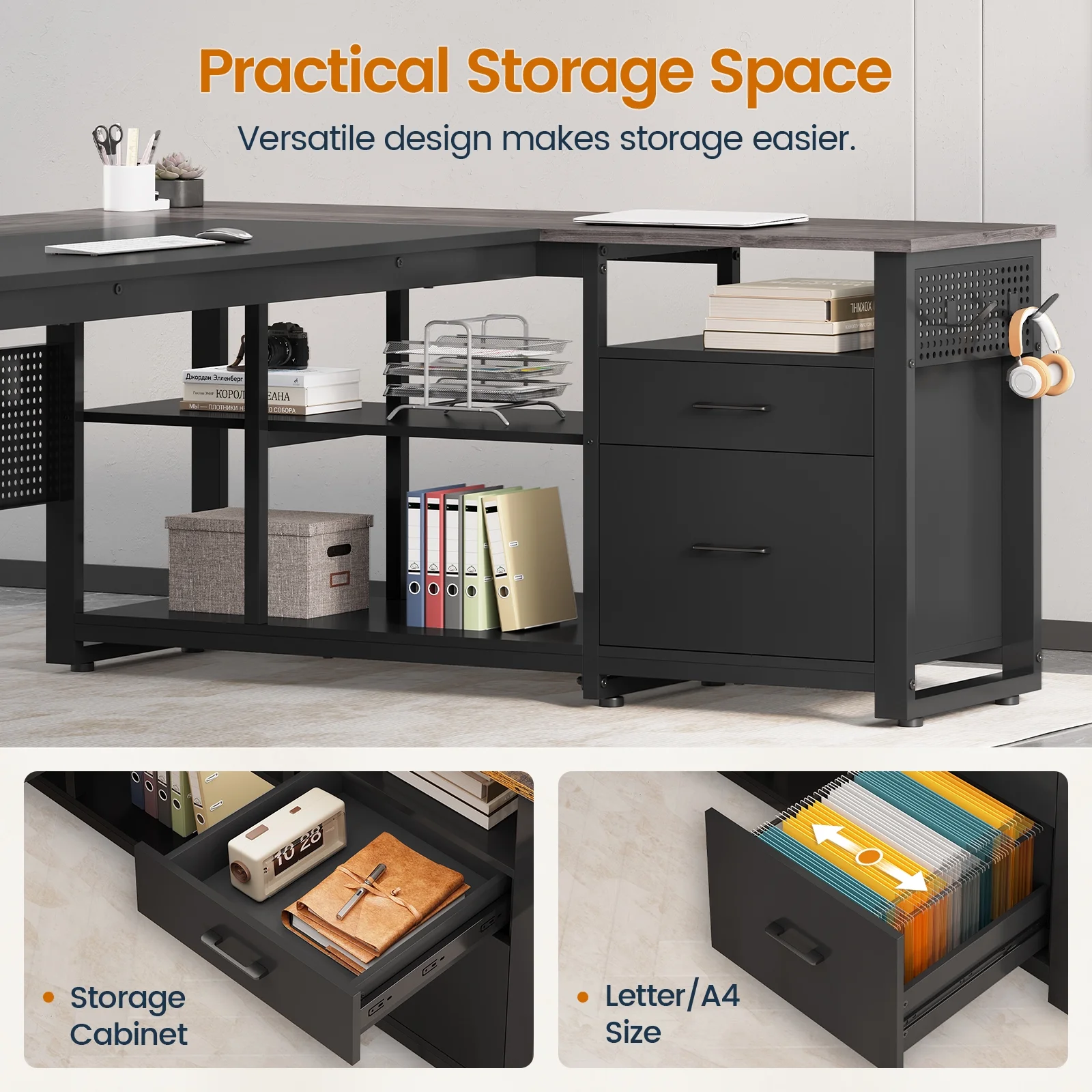 71" Executive Desk with Power Outlets, Modern L Shaped Office Desk with File Drawers and Pegboard, Large Computer Desk, Rustic Brown - Image 29