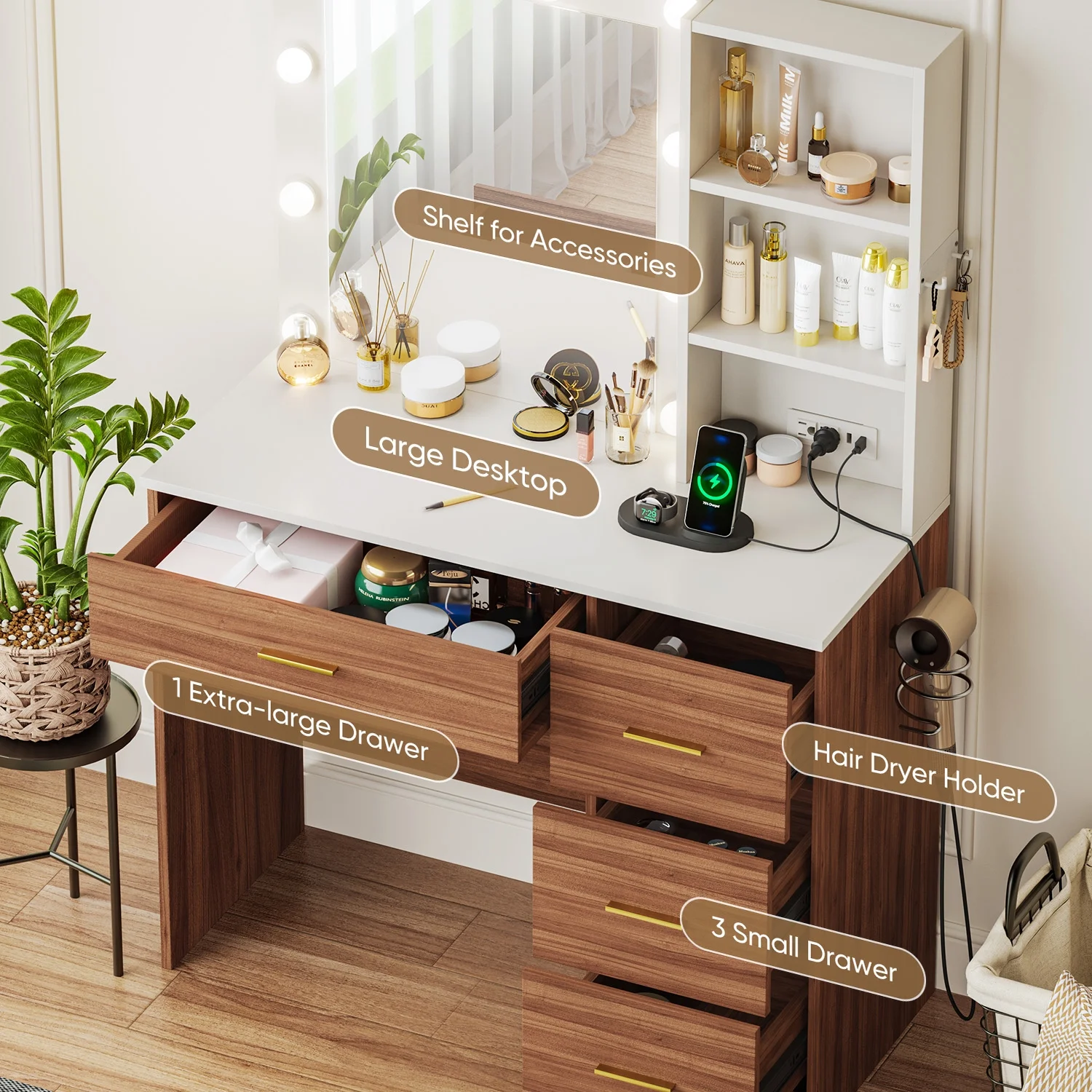 Makeup Vanity with Mirror and 3 Color Lights,Vanity Dressing Table with USB Charging Station,4 Drawers,Open Storage Shelves,White - Image 25
