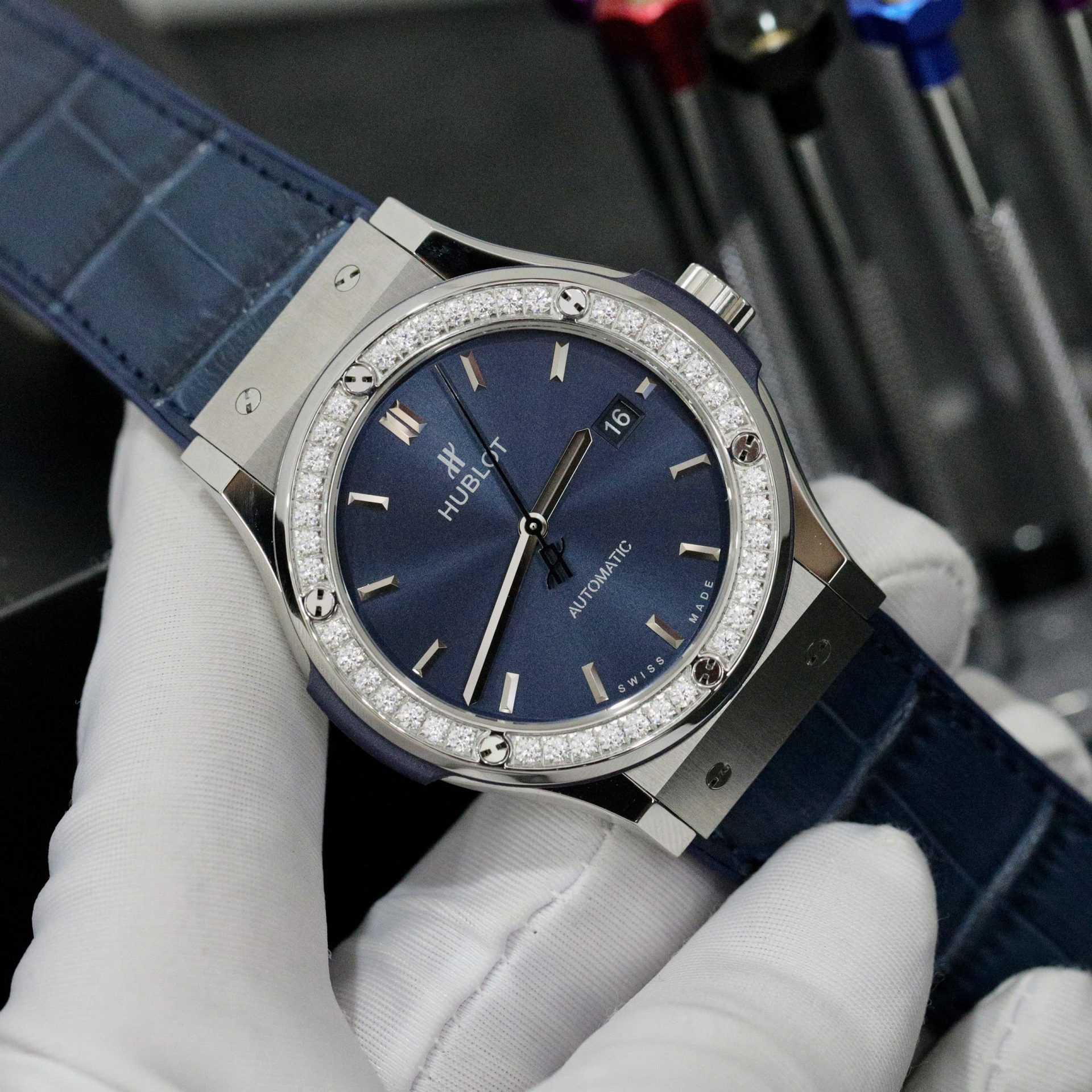 Hublot Classic Fusion Titanium Blue Dial Bezel Diamonds Replica Watch HB Factory 42mm - Top club