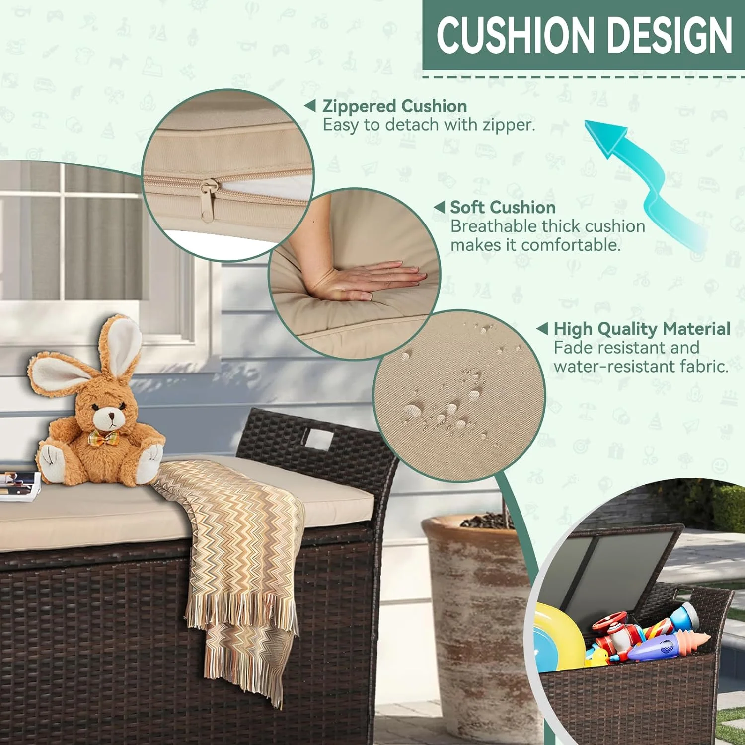 SOLAURA 90 Gallon Patio Wicker Storage Bench w/Cushion, Outdoor Rattan Deck Storage Box w/Handles & Hydraulics, Gray - Image 13