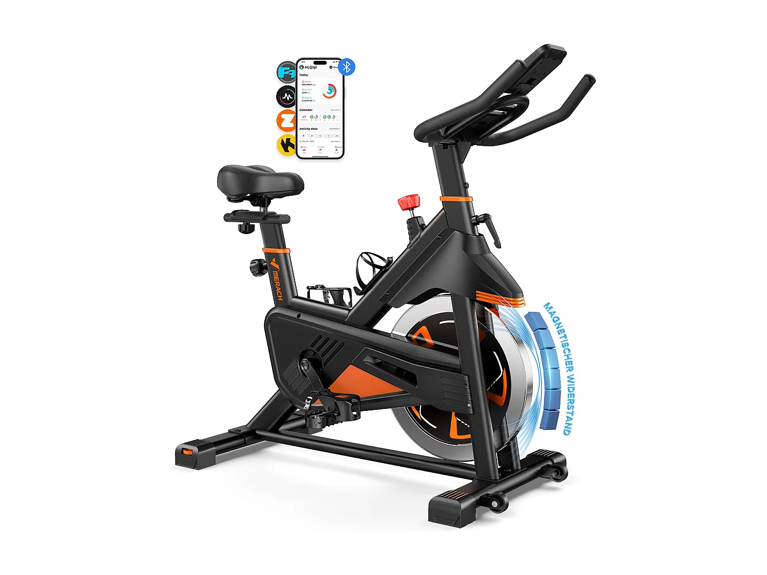 Vélo d’Appartement Magnétique MERACH, 16 Niveaux de Résistance, Volant d’inertie 6kg, Bluetooth, Siège Réglable, Porte-Gobelet