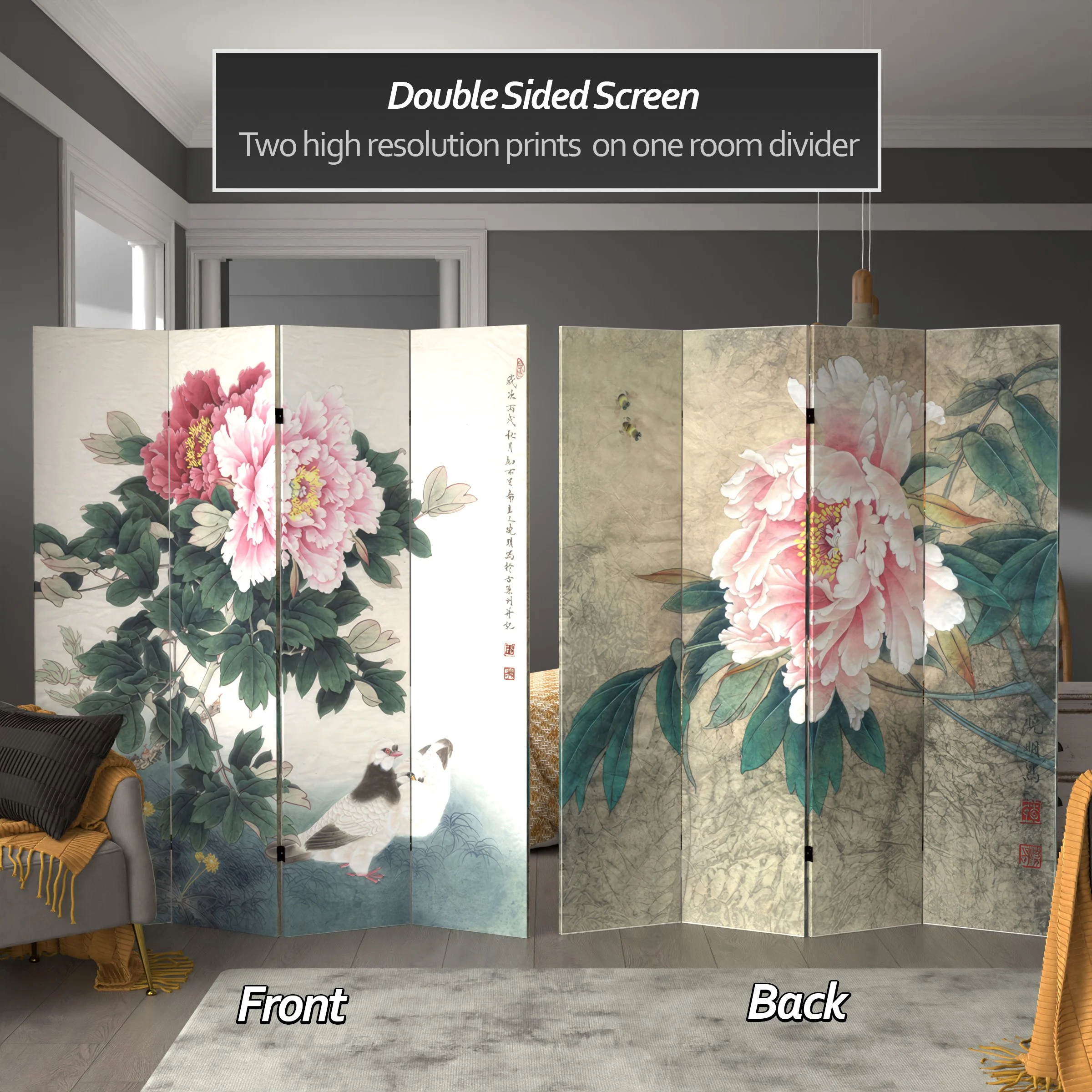 Oriental Furniture 6 Feet Tall Double Sided Doves and Peonies Canvas Room Divider