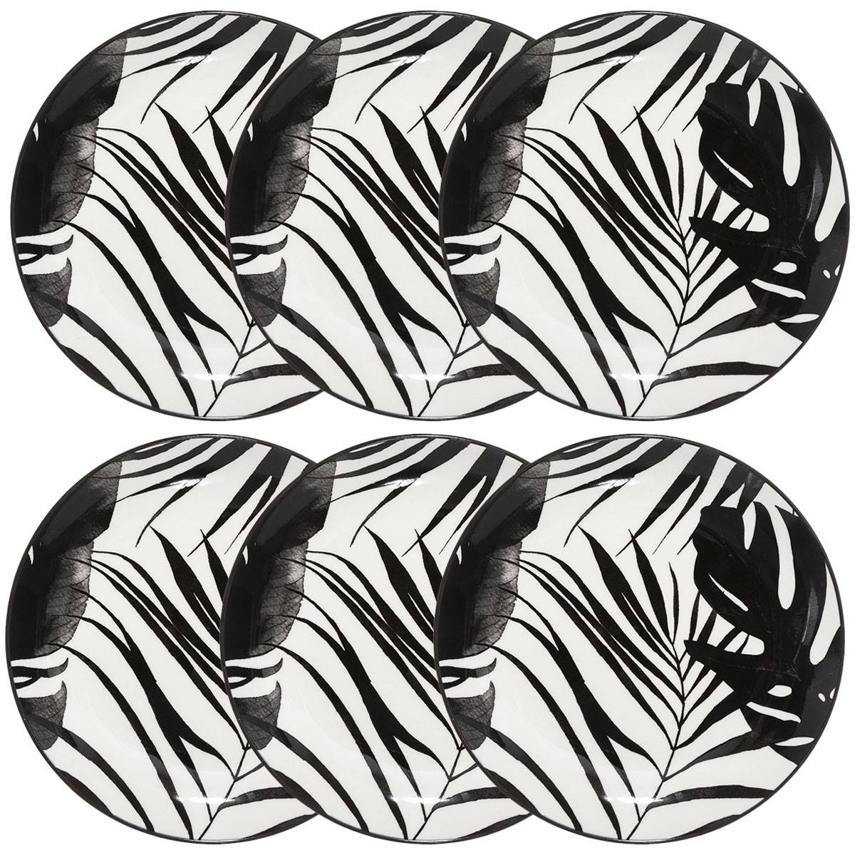 Set of 6 dessert plates "Palme" D.19 cm, Black & White
