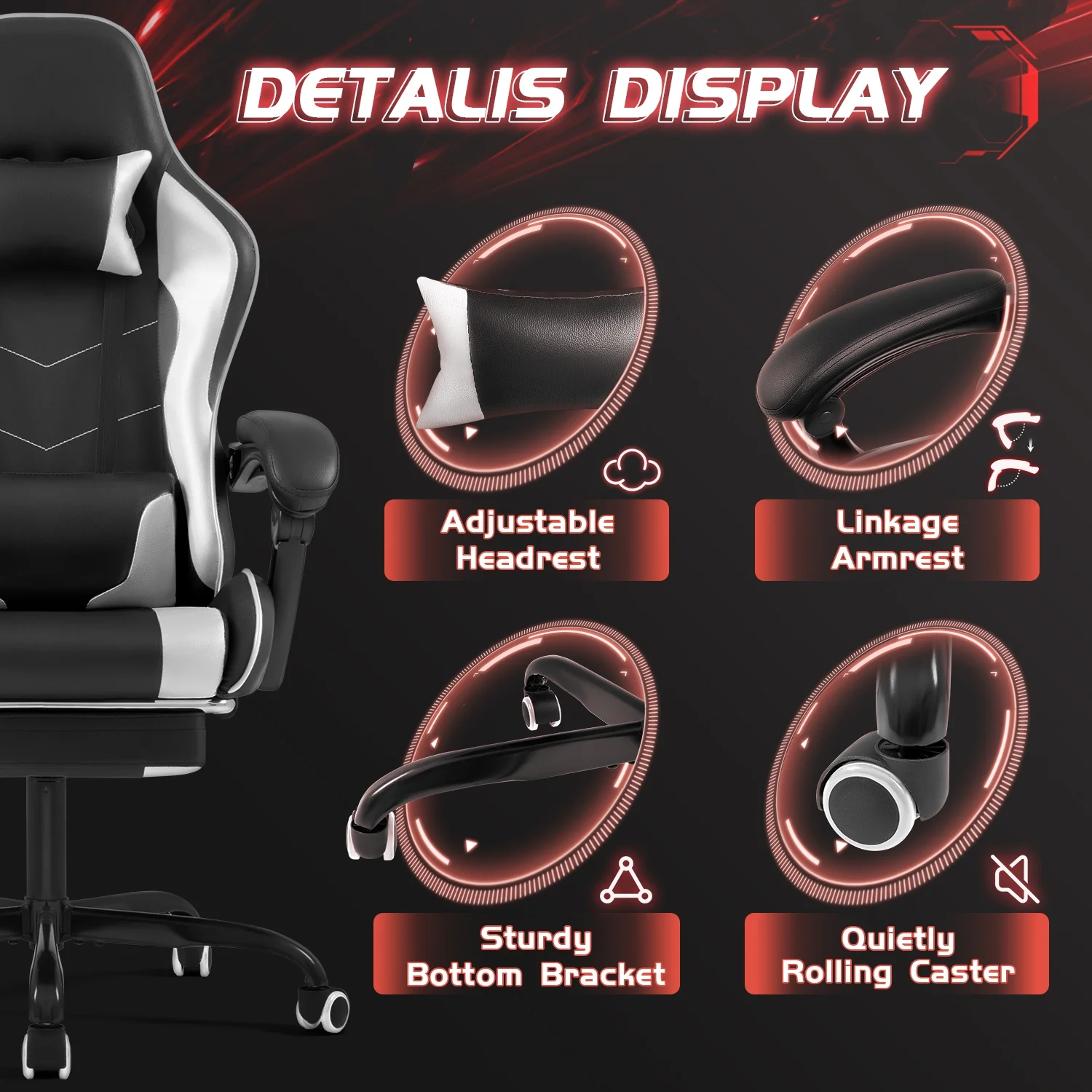 Lacoo PU Leather Gaming Chair Massage Ergonomic Gamer Chair Height Adjustable Computer Chair with Footrest & Lumbar Support, White - Image 8