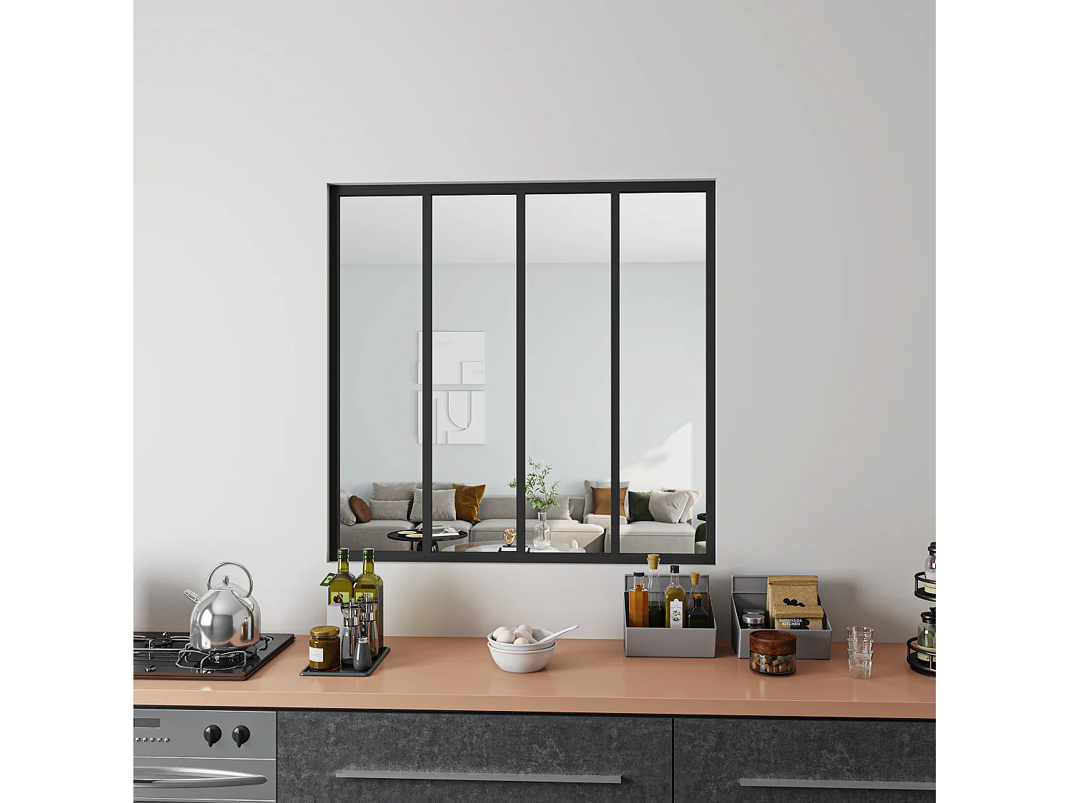 Verrière Atelier Fixe en Aluminium Noir L.123 x H.108 cm - Cloison Intérieure Design Industriel - 4mm Verre Transparent