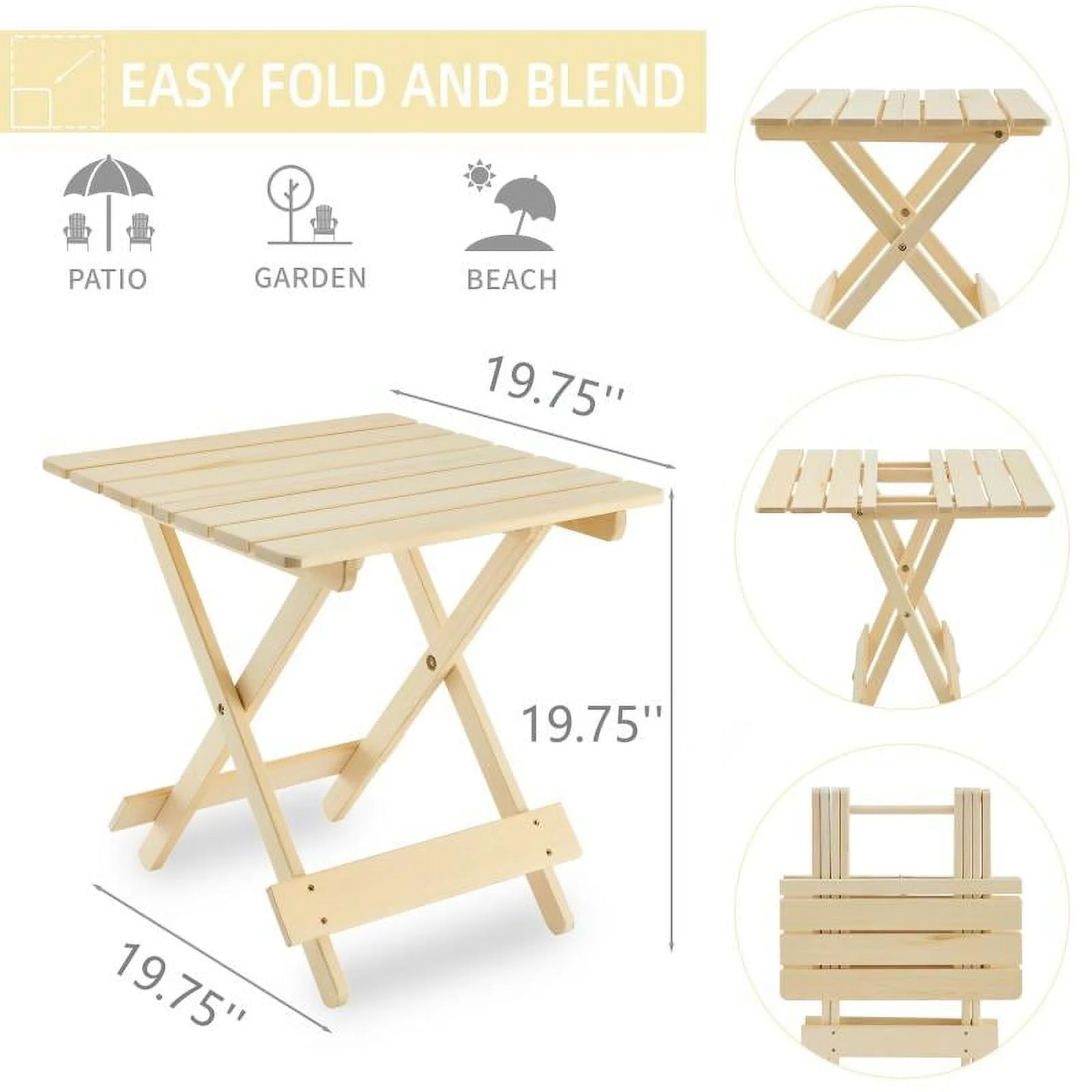 Folding Square Table  Patio Outdoor solid wood Table for Backyard, Balcony, Portable Design Space-Saving Natural Wood Color