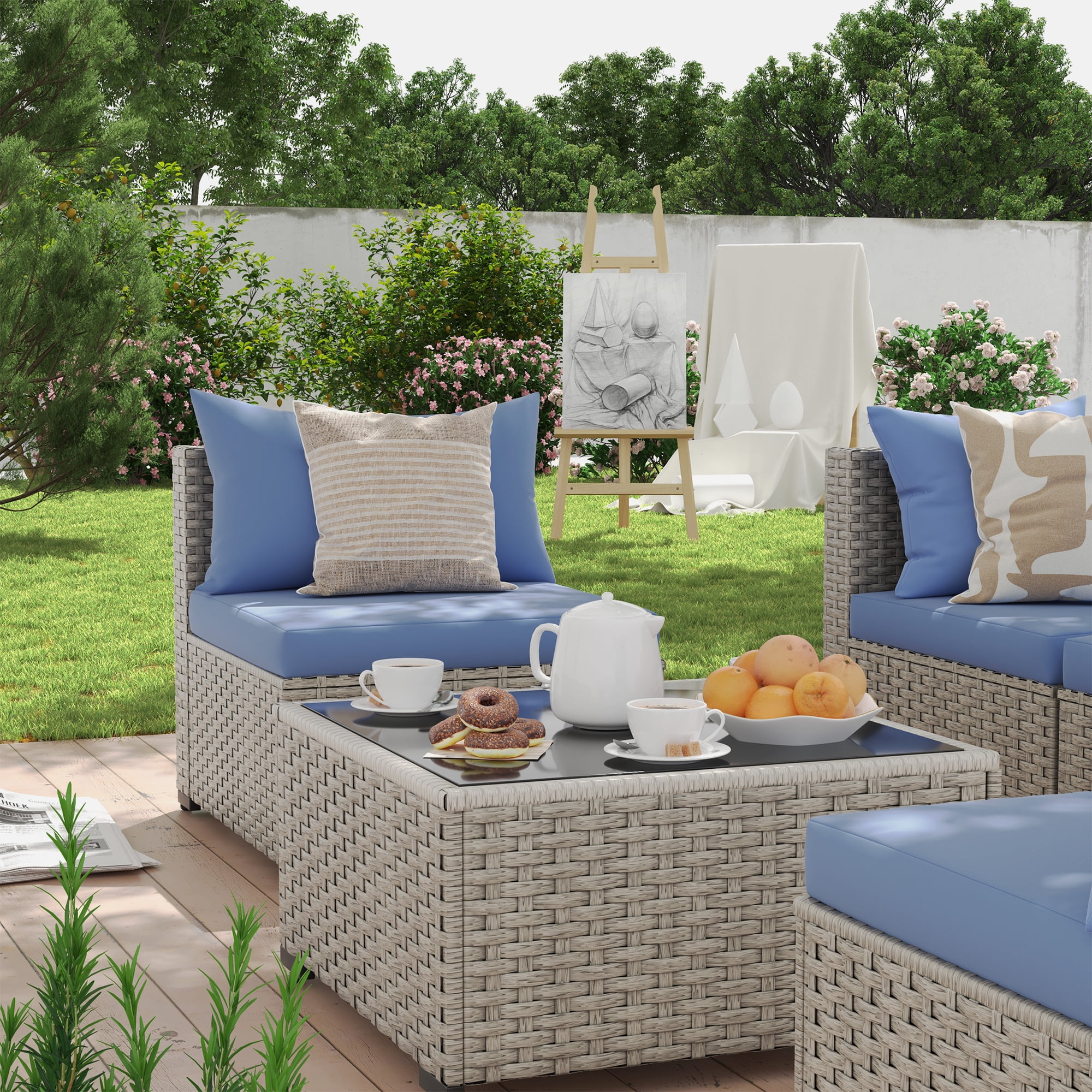 7 Pieces Patio Conversation Set, Outdoor Sectional PE Rattan Wicker Furniture Seat,Dark Gray - Image 57