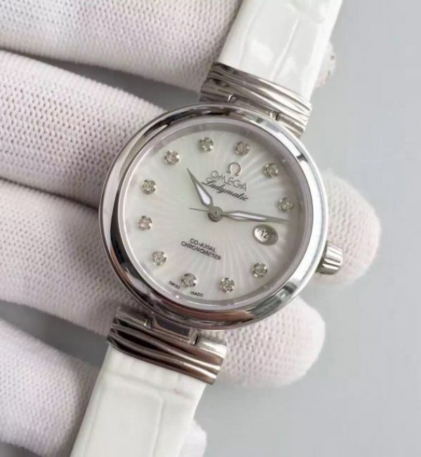 Replica Omega De Ville Lady SS White Dial Leather Strap A8520 - Elite Watch Atelier