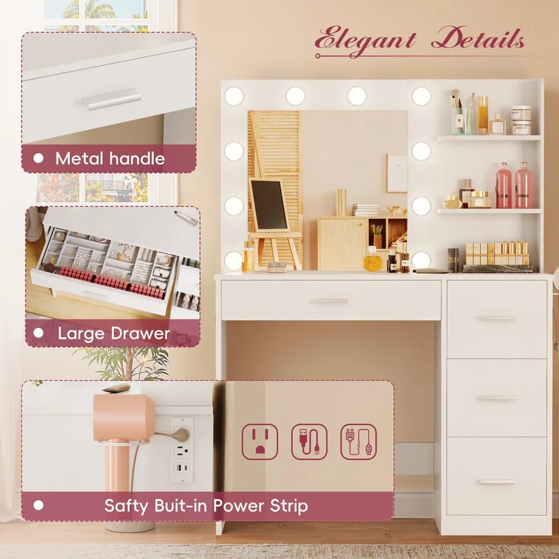 Lacoo Vanity Desk with Mirror and LED Lights, Makeup Vanity with 7 Drawers & 4 Shelves, Vanity Table with Power Outlet for Bedroom Dressing Room, White - Image 34