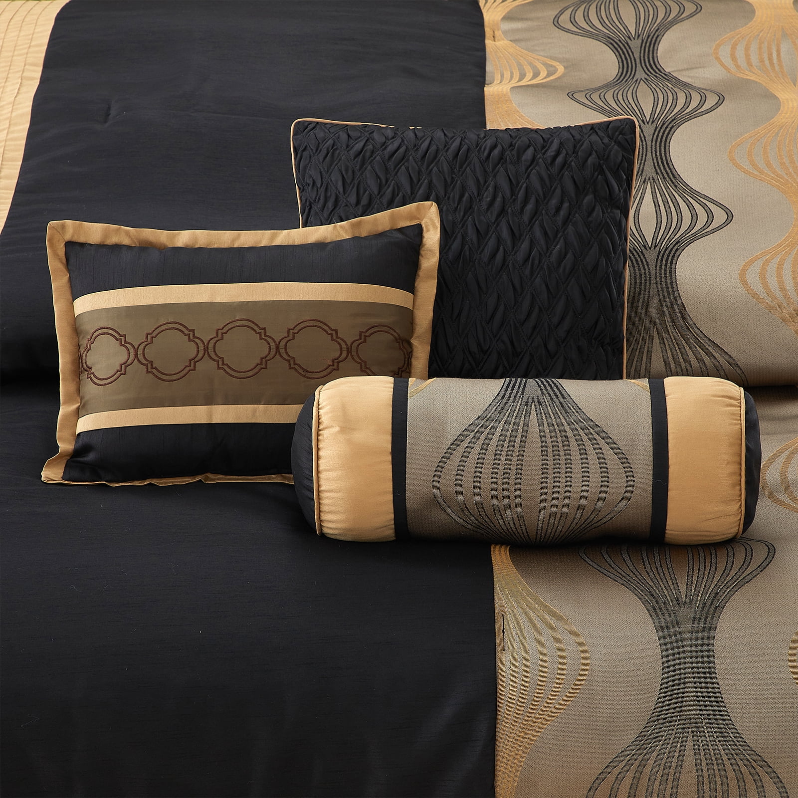 Lanco Elegant Black and Gold Comforter Set,Striped, 7 Pieces Jacquard Bedding Sets with Comforter for All Season, Bed Skirt, Pillows & Shams, Queen Size, Lightweight Microfiber