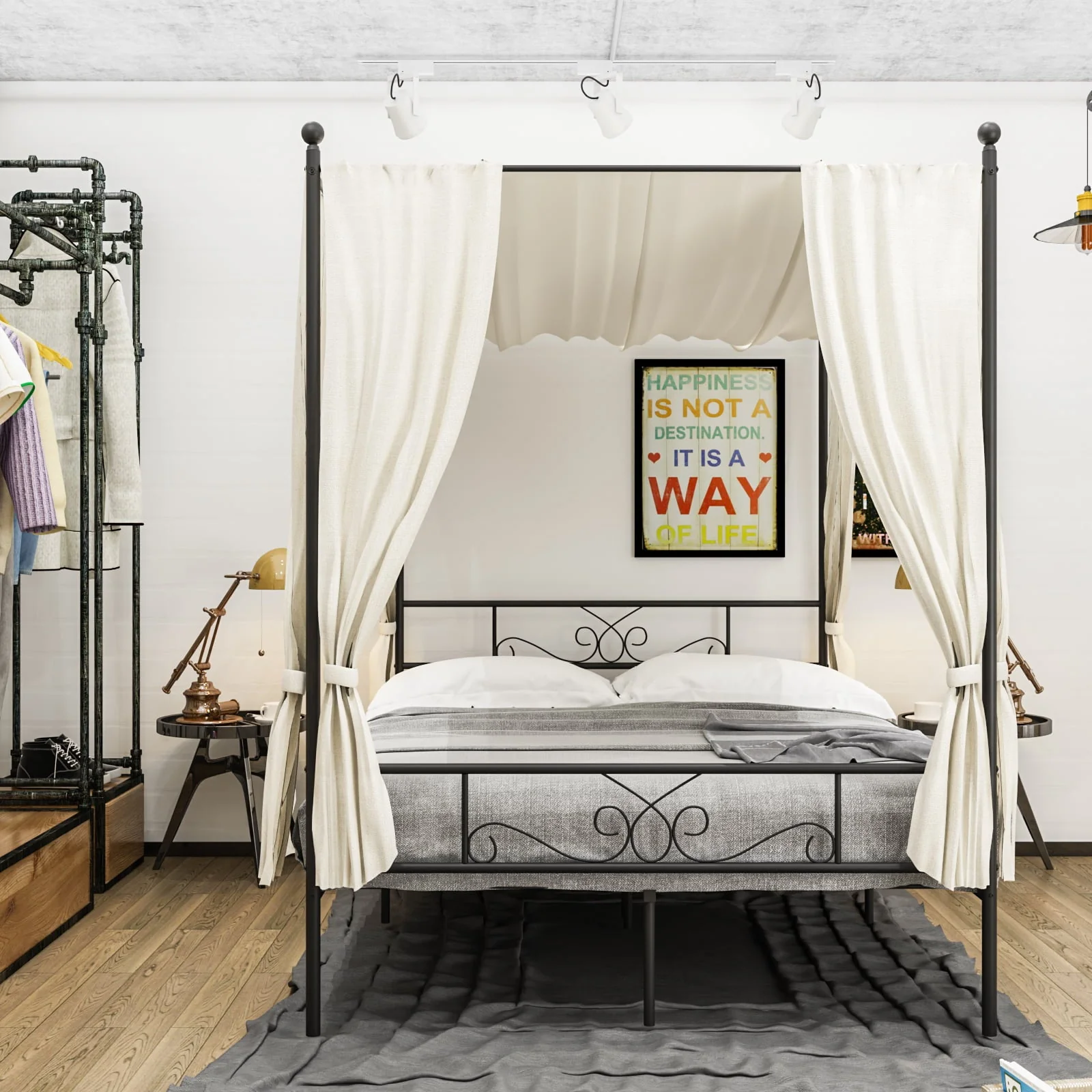 Teraves Metal Canopy Bed 4-post Canopy Bed Frame with Headboard, Full, Black - Image 3