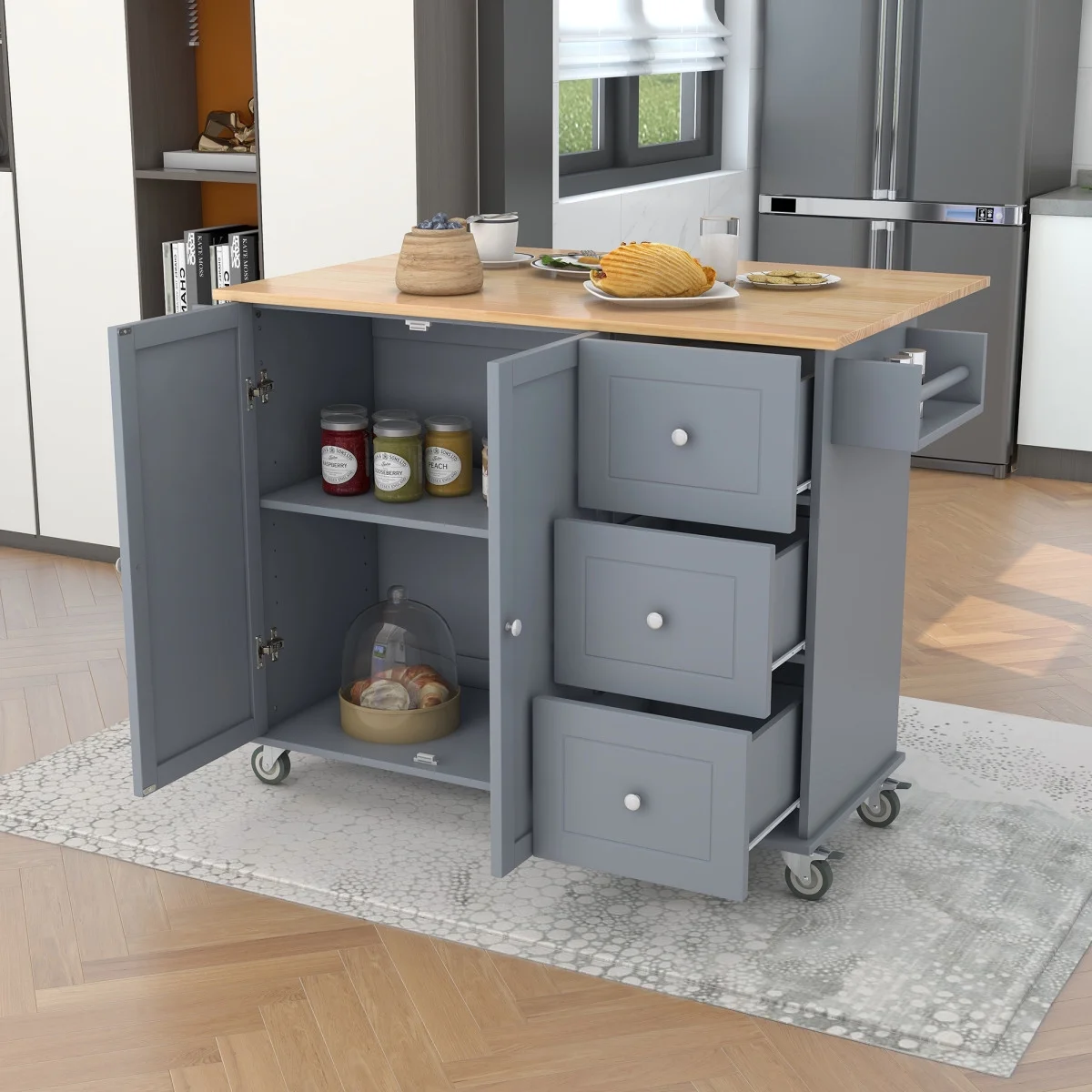 Kitchen Cart with Solid Wood Top and Drop Leaf Breakfast Bar, Rolling Mobile Kitchen Island with Storage, Spice Rack and Towel Rack, 52.7 Inch Width, Grey Blue