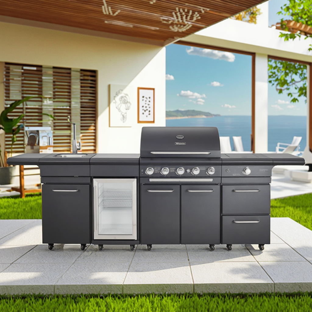 Premium Korean Style Outdoor Kitchen Gas BBQ Grill Stainless Steel 6+1 Burner Refrigerator Sink Tap Cabinet Trolley Electronic