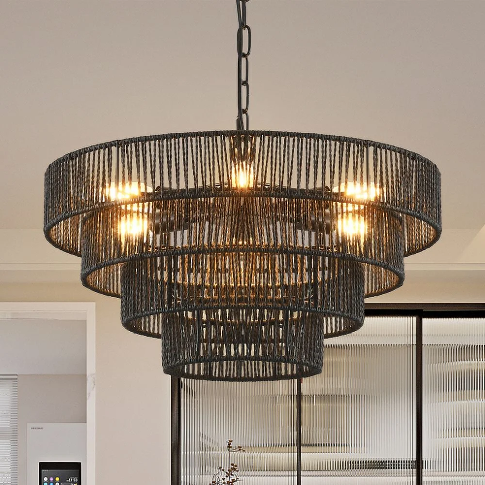 ACE-LIGHTS,Rustic 4-Tier Height Adjustable Hemp Rope Chandelier(Bulb Not Included),Pendant Light,Handmade Tiered Boho Ceiling Light Fixture for Living,Dining Room,Kitchen,Foyer(Black��