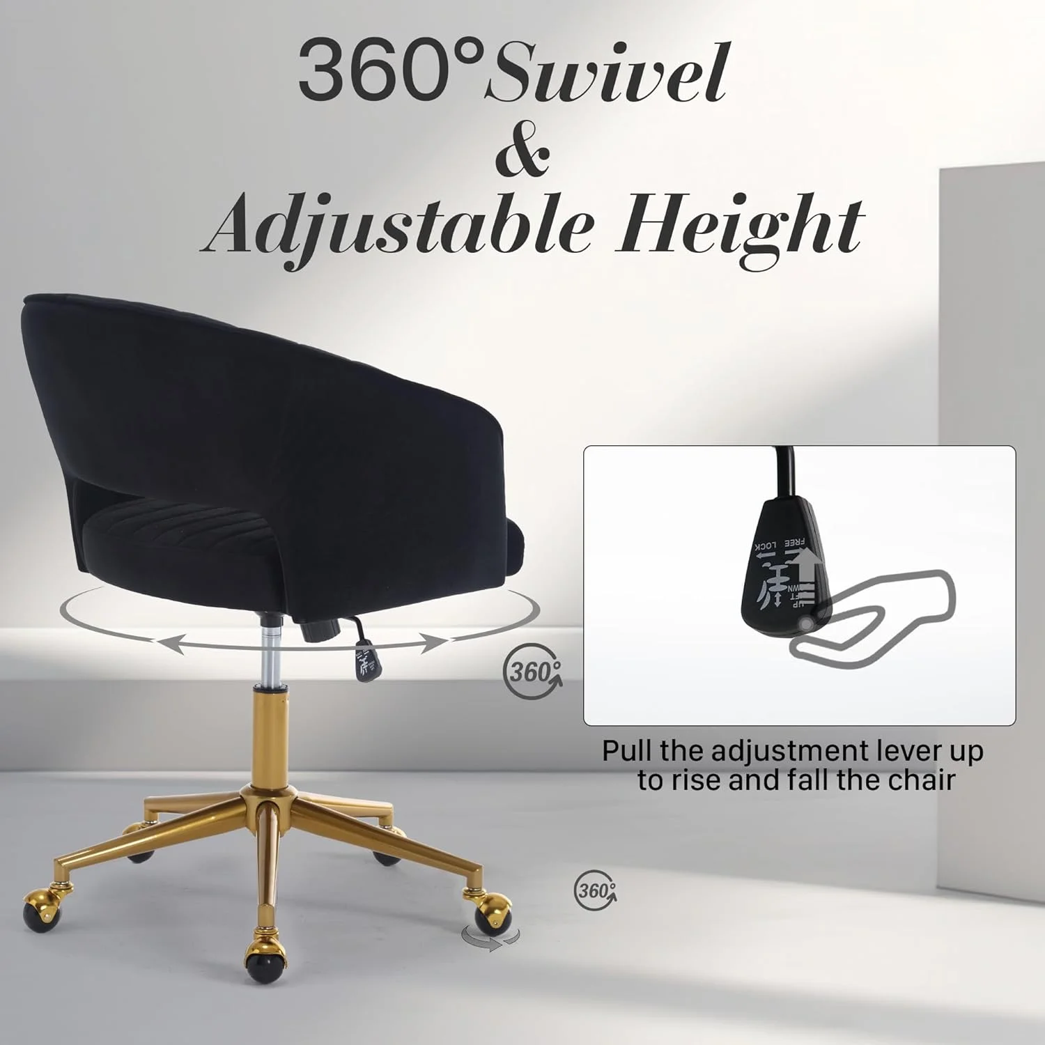 Home Office Swivel Desk Chair, Modern Velvet Vanity Chair, Height Adjustable Armchair with Gold Base, Ergonomic Office Chair for Task Study Computer Room, Beige - Image 35