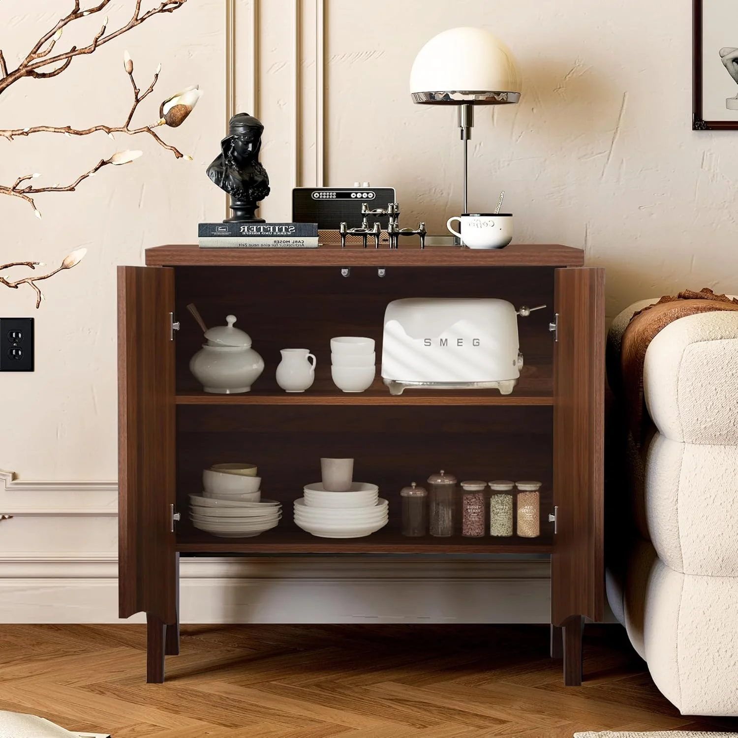 LEFHDA 2PCS Buffet Cabinet, Sideboard Cabinet with Storage, Accent Storage Cabinet with Carved Arc Door Design for Kitchen Dining Room, 2 Doors Buffet Cabinet with Adjustable Shelves - Image 22